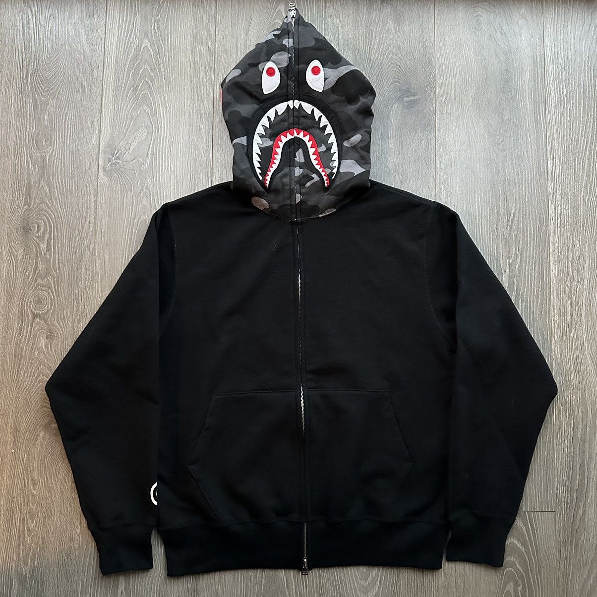 image of Bape ‘07 Camo Shark Face Full Zip in Black, Men's (Size Small)