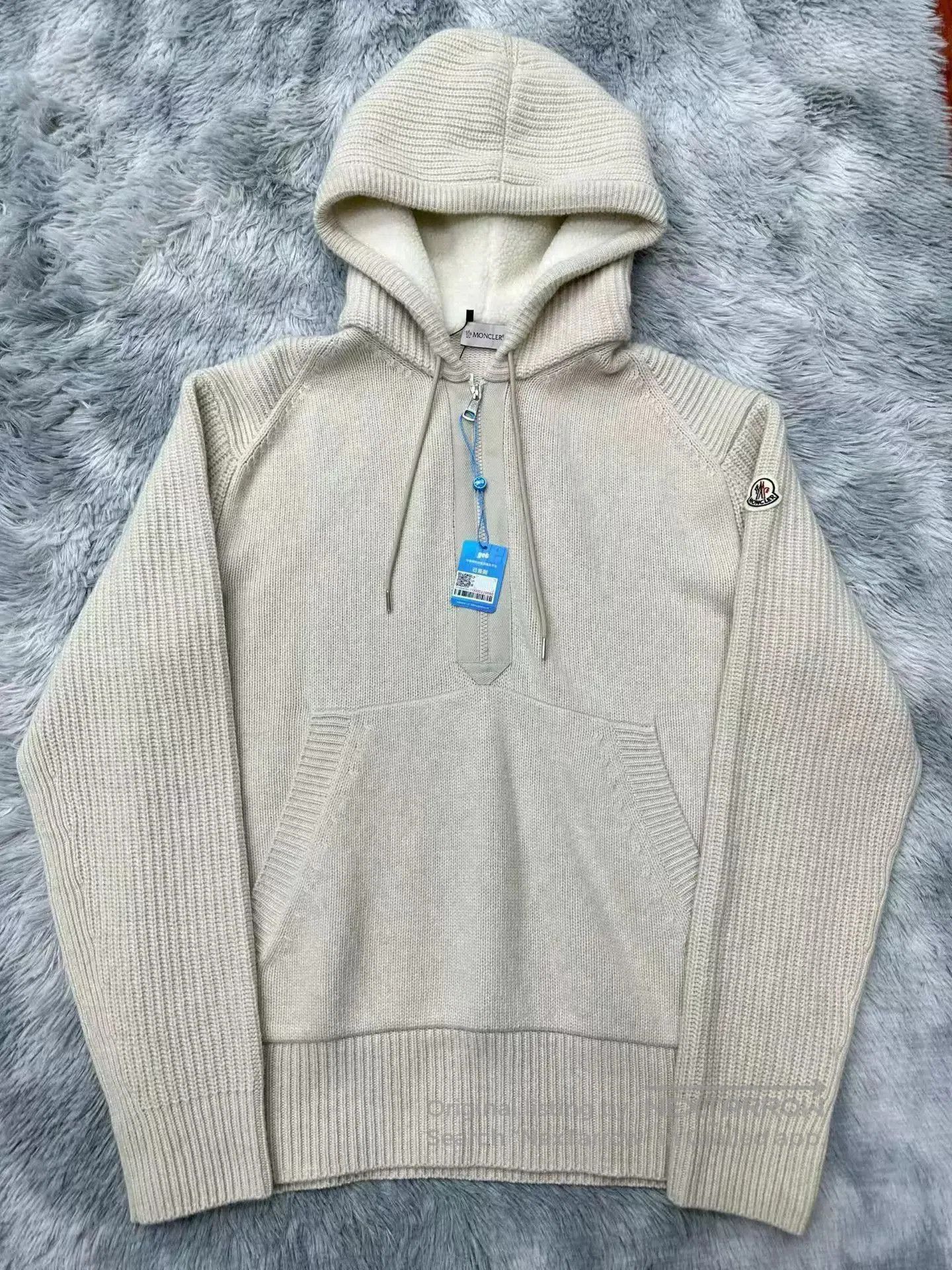 Moncler Beige Knit Hooded Sweater with Front Pocket. Size US XL / EU 56 / 4 - 1 Thumbnail