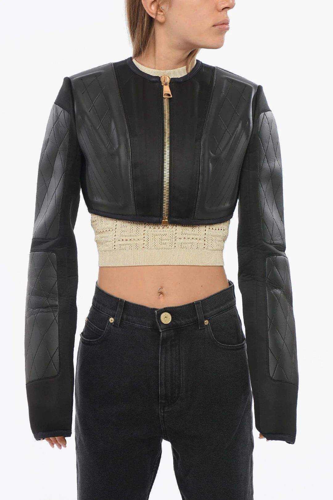 Balmain og1mm0326 Technical Fabric Crop Jacket in Black Size M / US 6-8 / IT 42-44 - 1 Thumbnail
