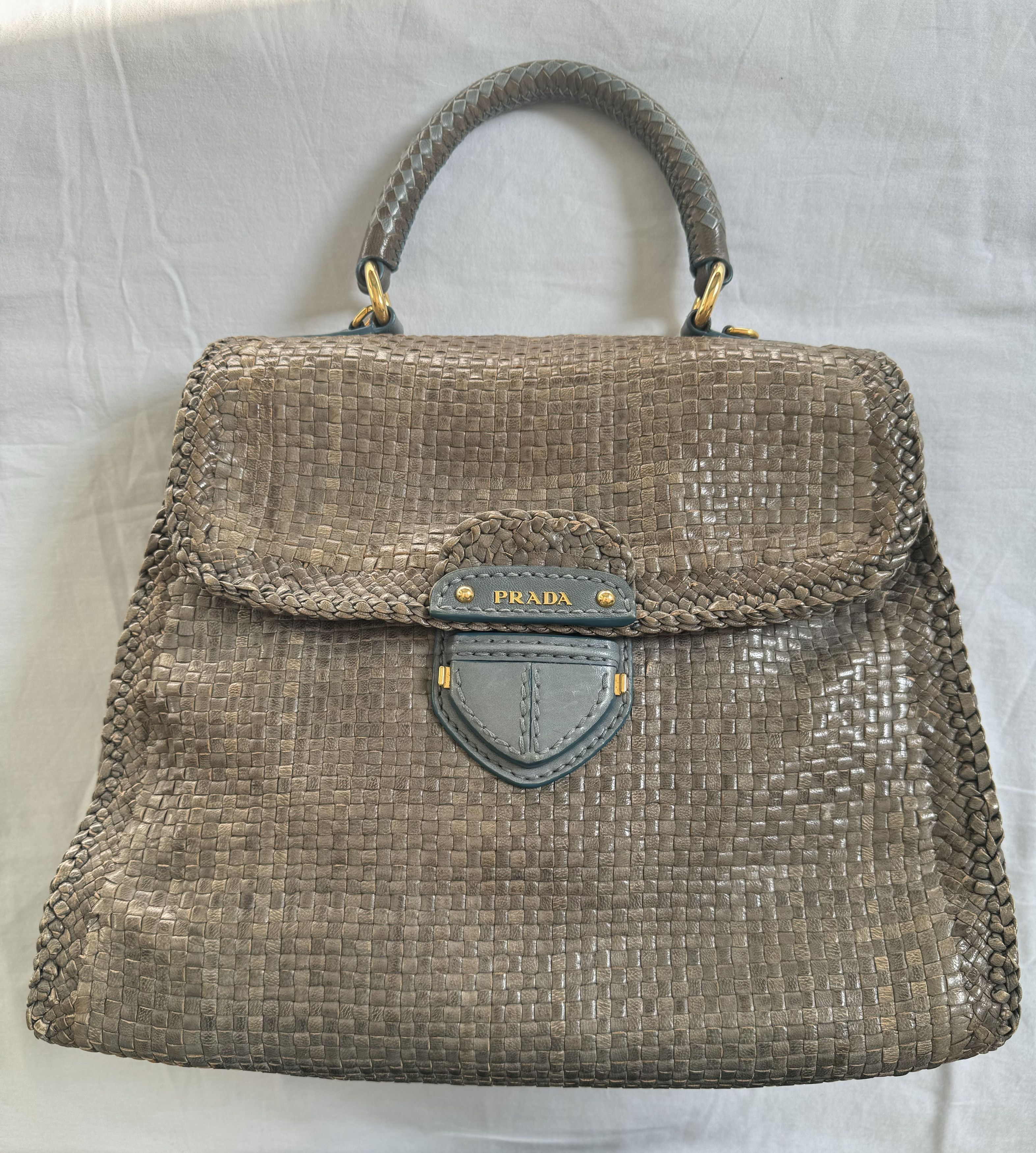 image of Prada Woven Goatskin Leather Madras Bag in Blue Gray, Women's