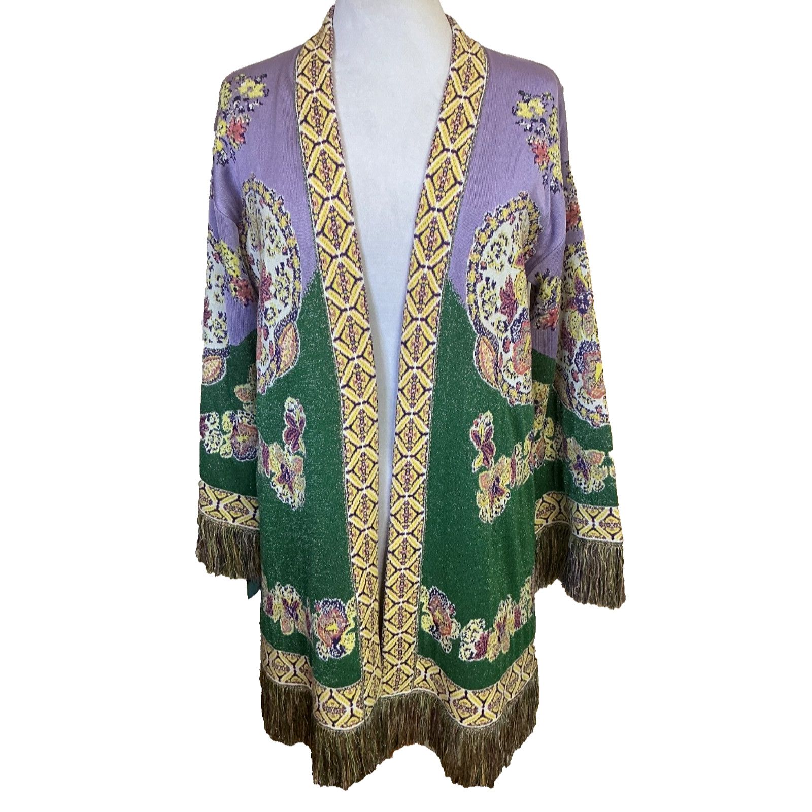 Etro ETRO 40 GREEN LAVENDAR SILVER METALLIC FRINGED CARDIGAN Size XL / US 12-14 / IT 48-50 - 2 Thumbnail