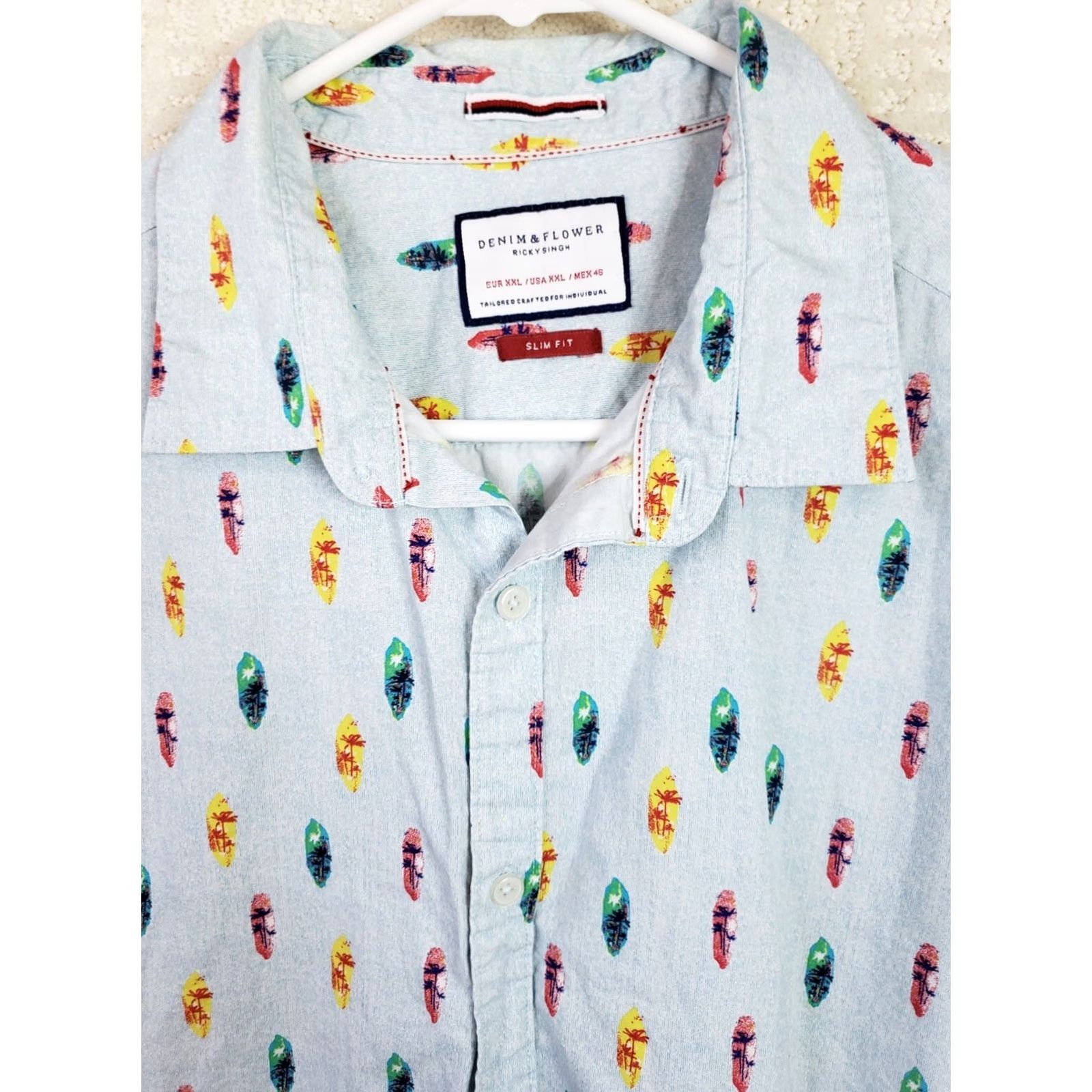 Denime VINTAGE? Denim & Flower Ricky Singh Shirt Mens 2XL Blue Surfboards Slim Fit Button-Up Shirt Size US XXL / EU 58 / 5 - 3 Thumbnail