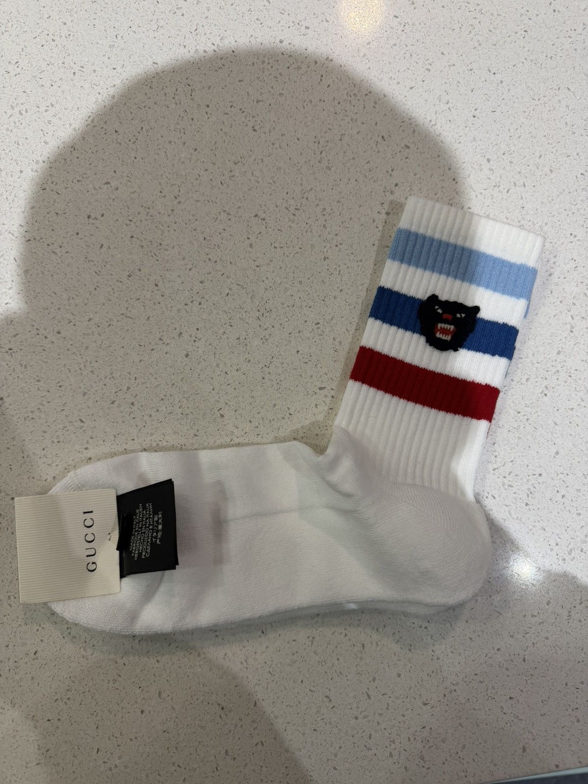 Gucci Gucci Socks Panther Logo White Blue Striped Size ONE SIZE - 3 Thumbnail