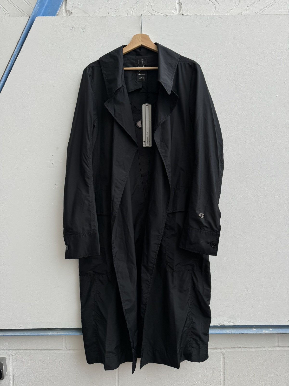 image of Rick Owens X Champion Black Nylon Trench Coat Small ($1,135), Men's