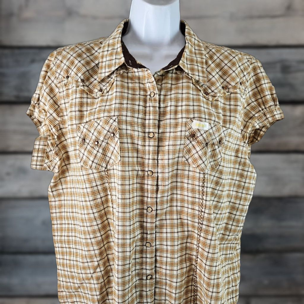 Vintage Twenty X Womens Pearl Snap Shirt XL Yellow Plaid Short Sleeve Cotton Shirt Size XL / US 12-14 / IT 48-50 - 1 Thumbnail