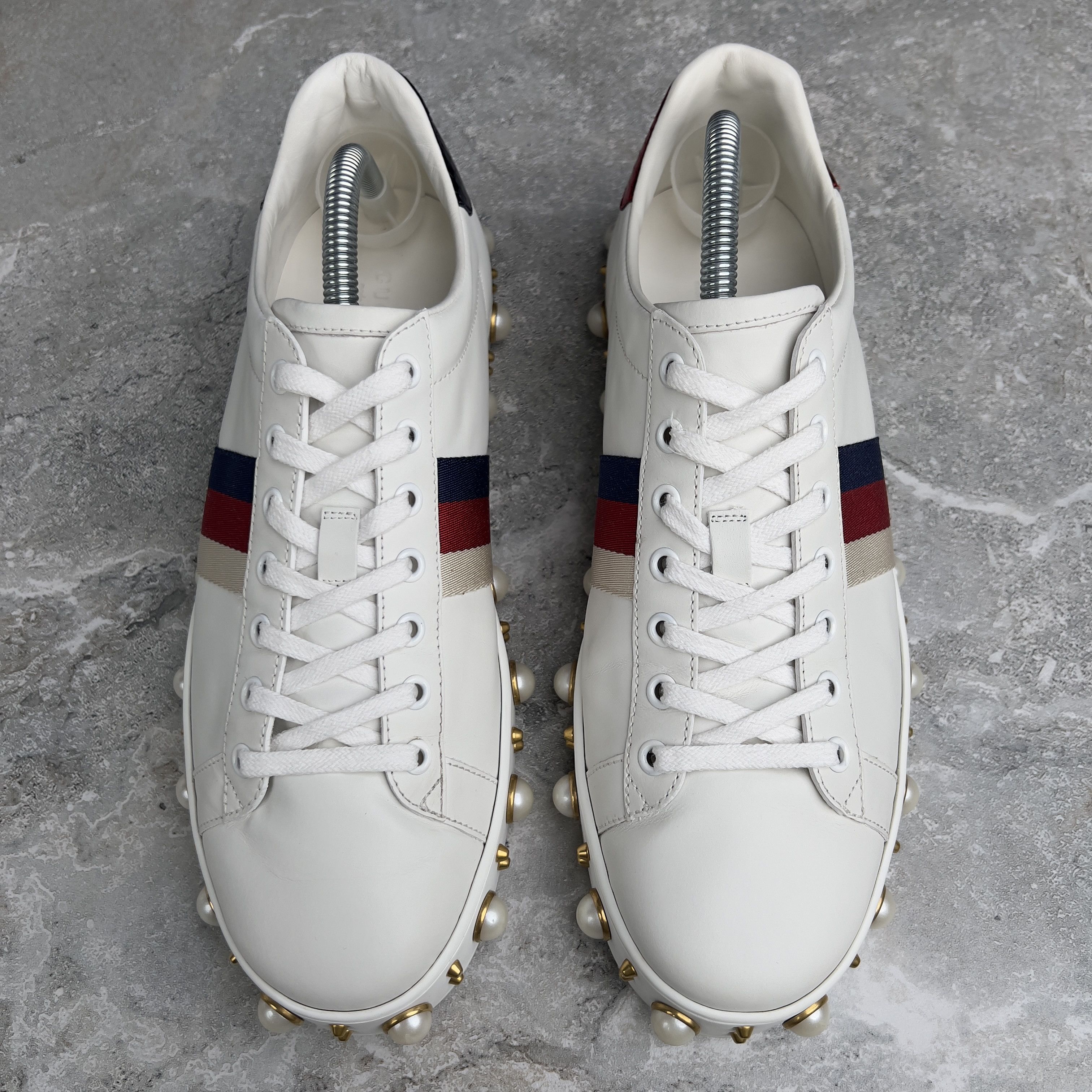 Gucci Gucci Ace Web Studded Sneakers Pearls Leather Size US 10.5 / IT 40.5 - 4 Thumbnail