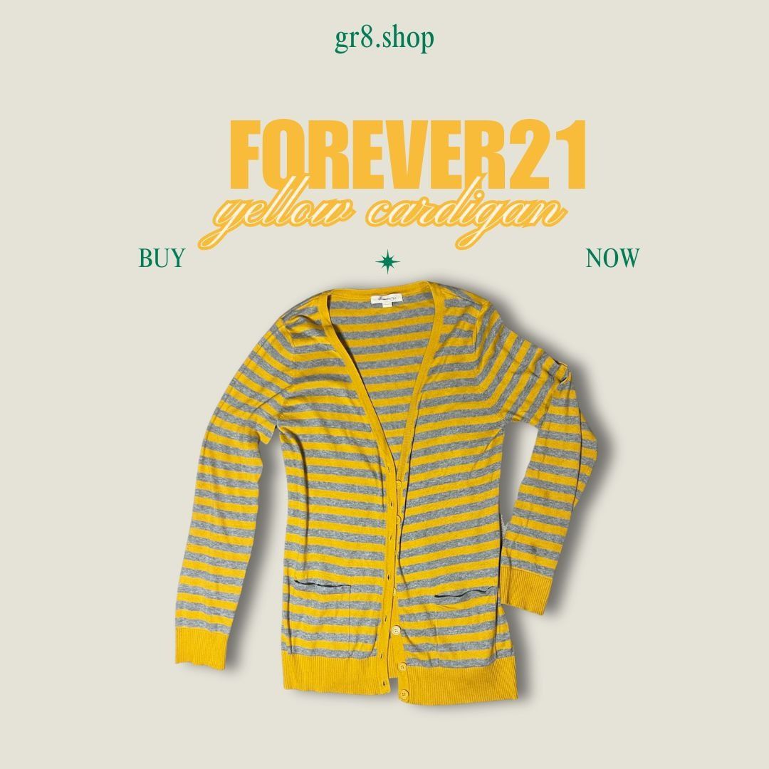 Forever 21 Forever 21 Yellow & Gray Striped Cardigan L/G Lightweight Kn Size L / US 10 / IT 46 - 1 Thumbnail