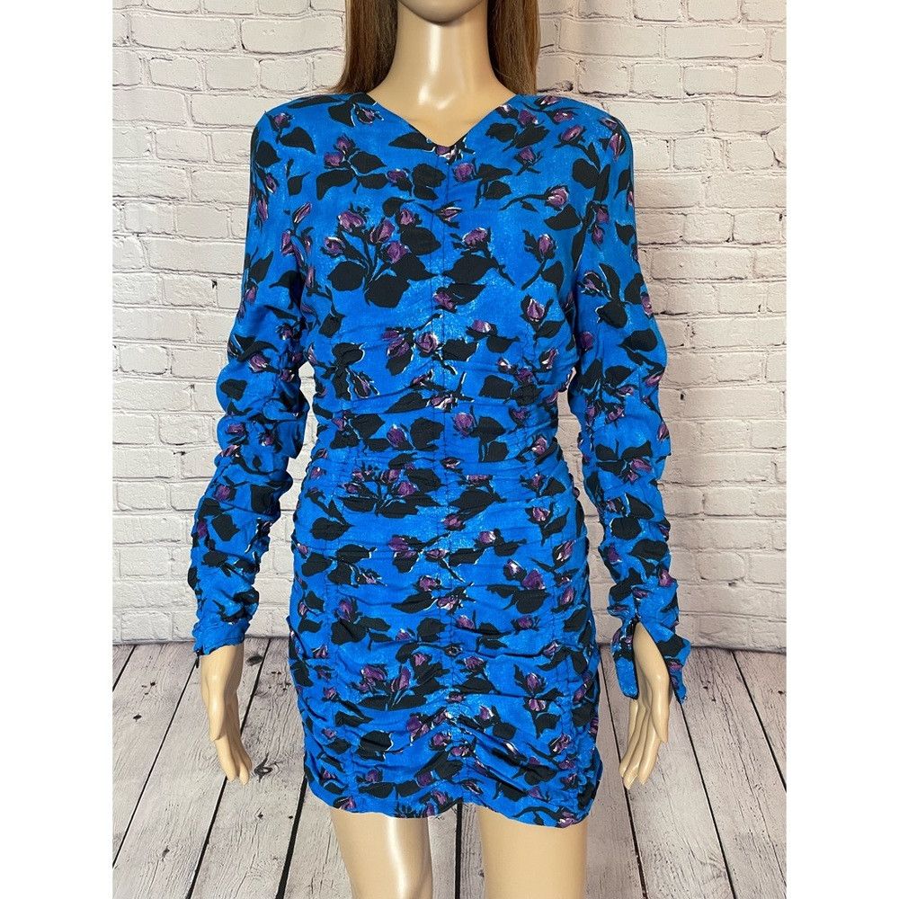 Zara NWT New Zara Blue Floral Long Sleeve Draped Mini Dress Size Size S / US 4 / IT 40 - 3 Thumbnail