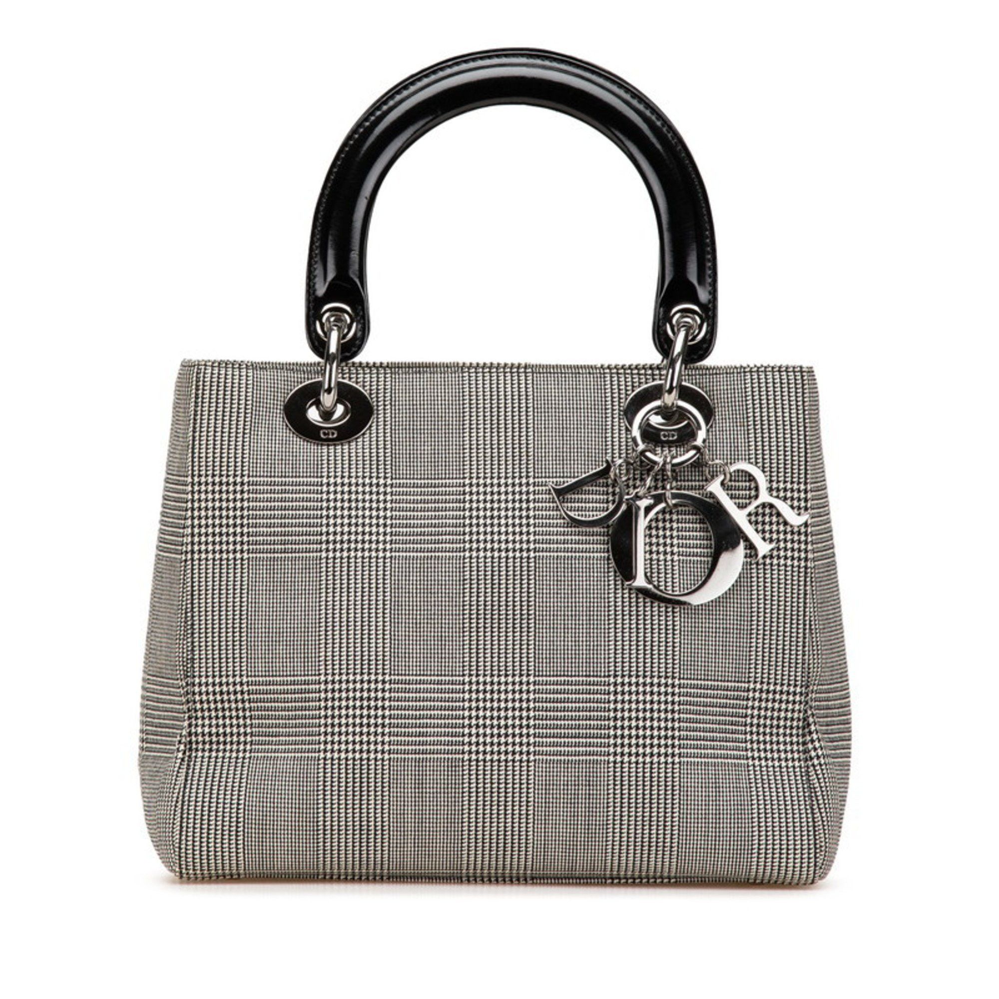 Dior Christian Dior Dior Lady Houndstooth Handbag Black White Canvas Leather Women's Size ONE SIZE - 1 Thumbnail