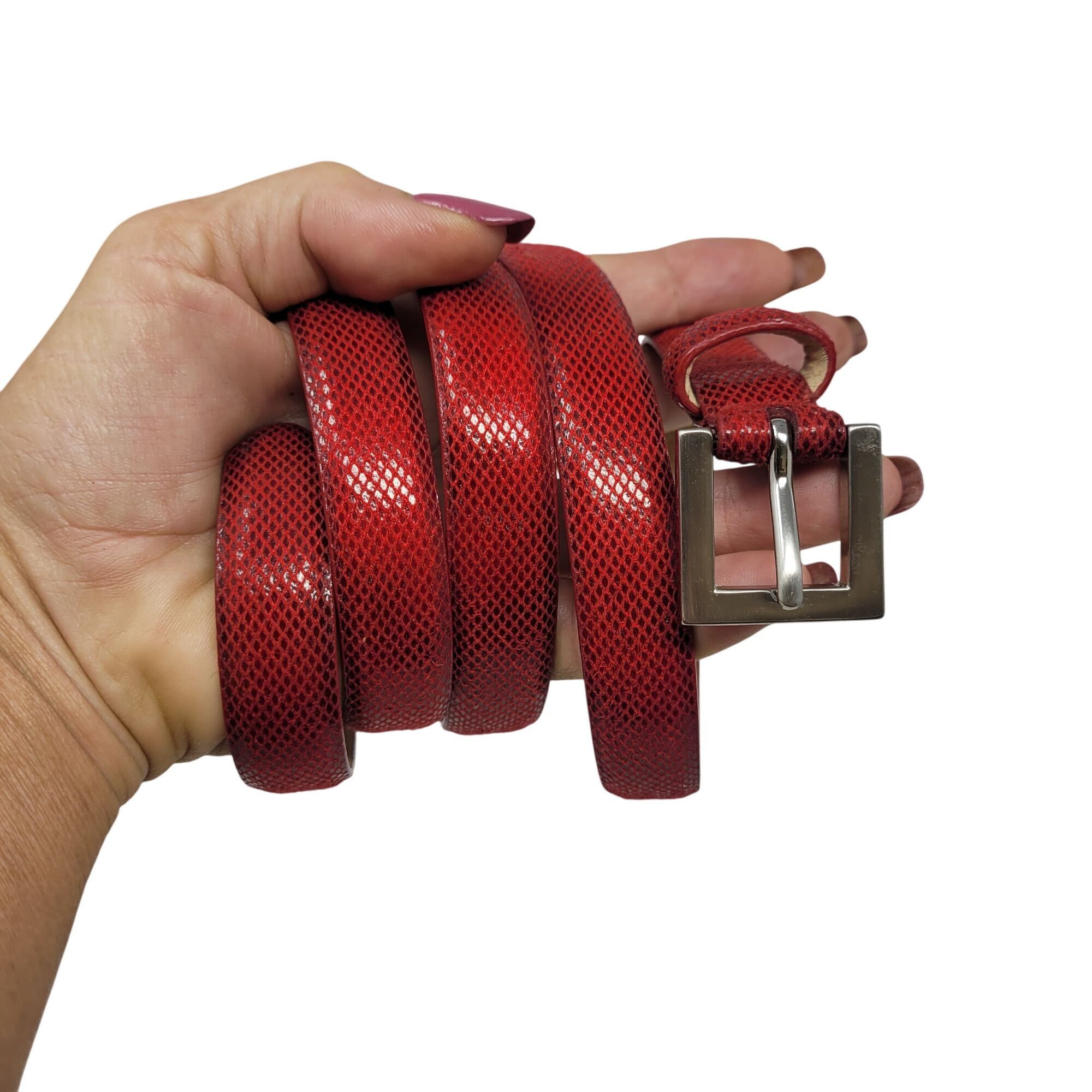 Vintage Vtg 80s Red Snake Python Embossed Skinny Leather Cincher Bel Size ONE SIZE - 10 Thumbnail