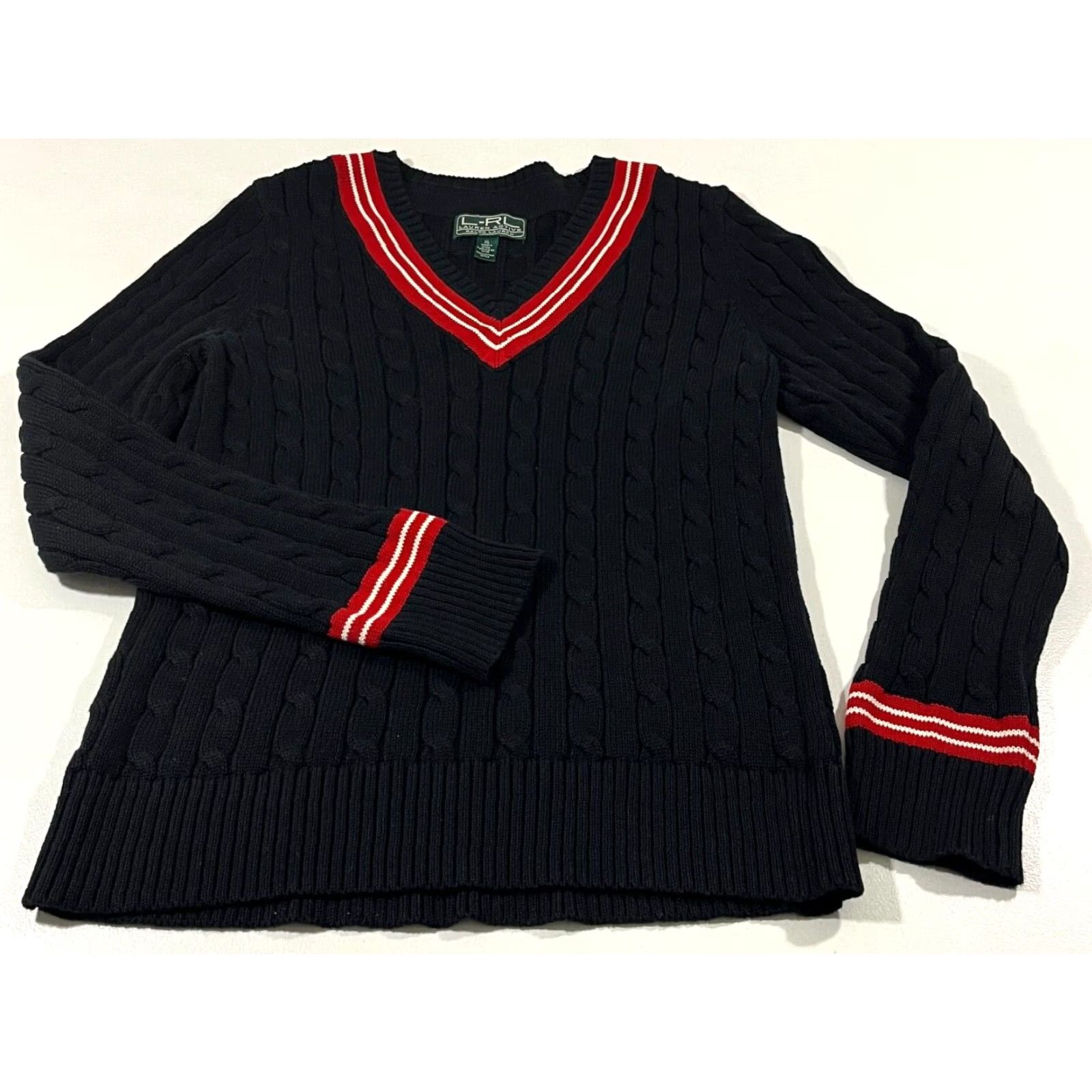 Ralph Lauren VINTAGE Lauren Ralph Lauren Women's Cable Knit V-Neck Cricket Sweater XL Black Pullover Knit Sweater Size XL / US 12-14 / IT 48-50 - 4 Thumbnail