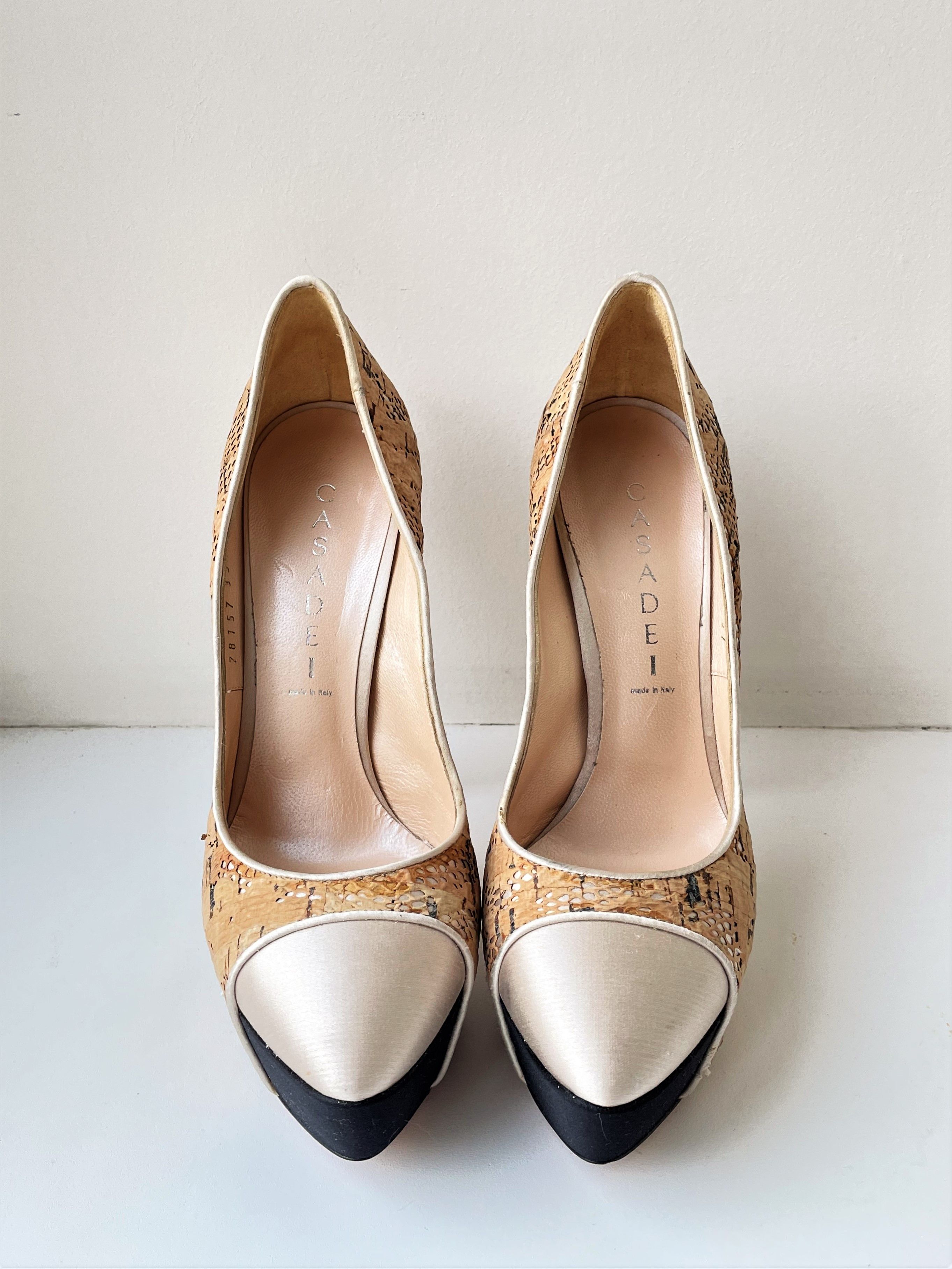 Casadei EUC Casadei 37 Women Stilettos Hidden Platform Satin Cap Toe Size US 7 / IT 37 - 4 Thumbnail