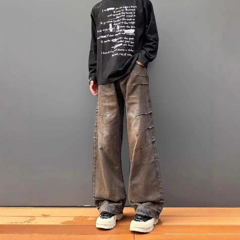 Japanese Brand Retro loose straight leg wide leg dirty dyed jeans Size US 32 / EU 48 - 4 Thumbnail