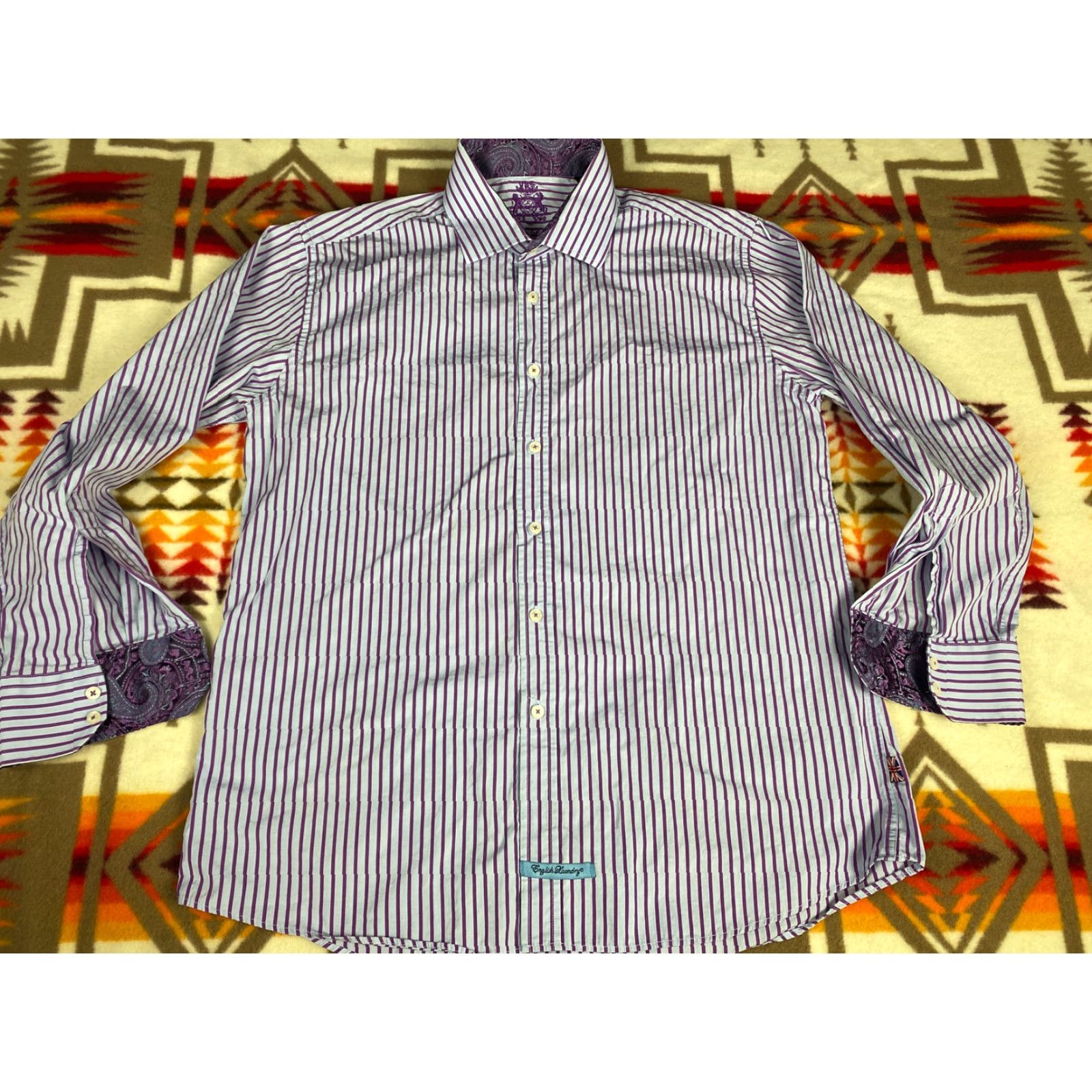 English Laundry English Laundry Dress Shirt Men 17 34/45 Cuff Long Sleeve Purple Blue Stripes Size 46R - 4 Thumbnail