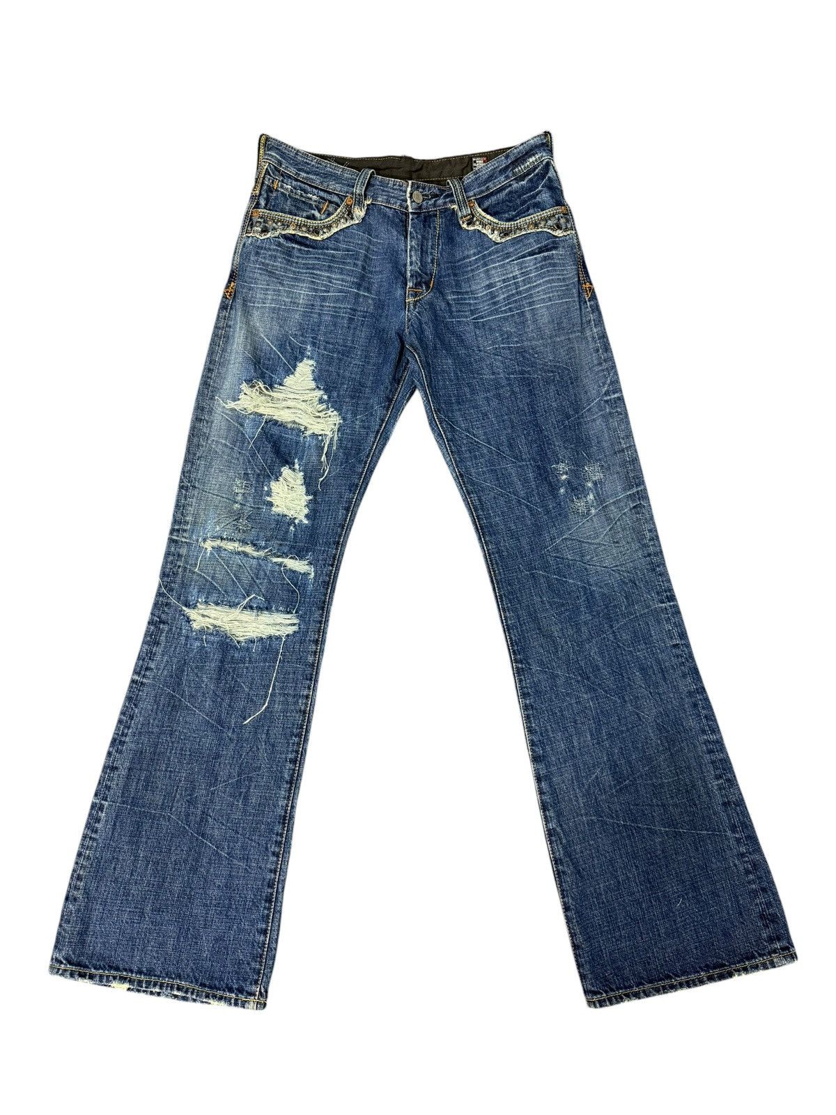 Japanese Brand Flare Jeans Bartack Distress Boot Cut amiri lgb dior 3🟦5 Size US 31 - 2 Thumbnail
