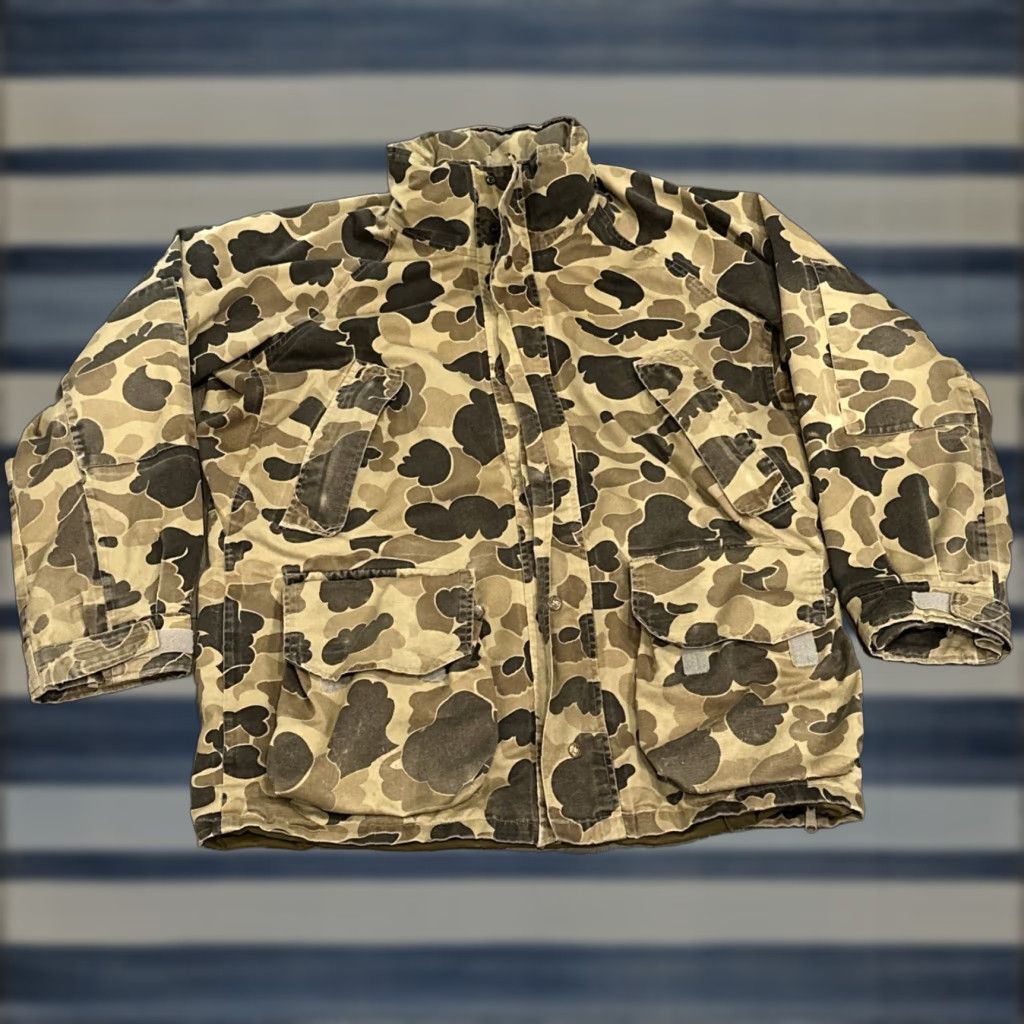 VINTAGE Columbia Duck Camo Goretex Hunting Jacket Large Camo Water Resistant Bomber Mens