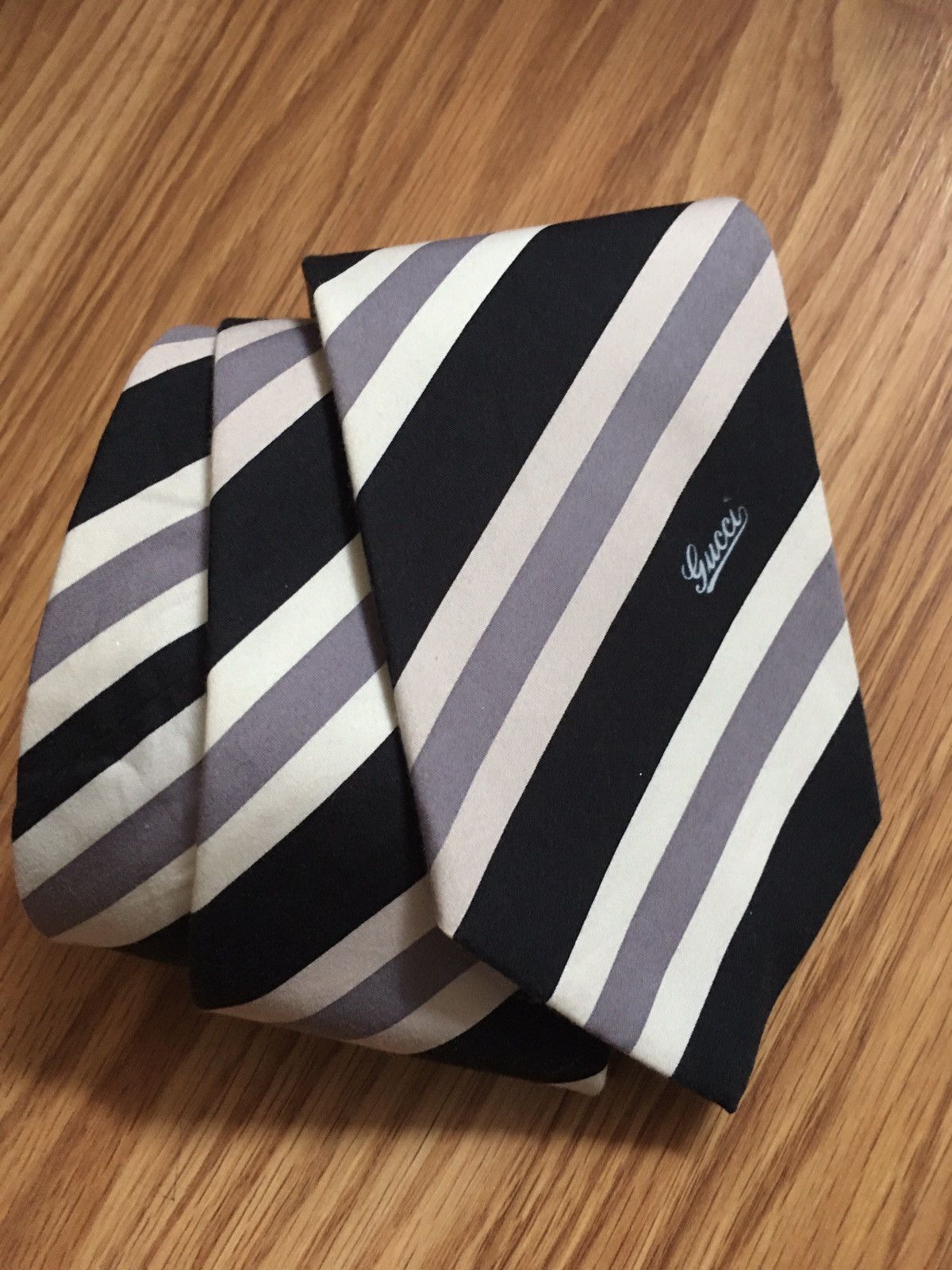GUCCI Black Grey Striped Italy Cotton Mens Tie