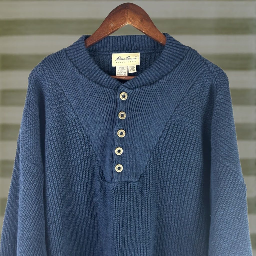 Eddie Bauer VINTAGE Eddie Bauer Sweater Mens XL Blue VTG Men Pullover Knit Fisherman Ribbed Henley USA Size US XL / EU 56 / 4 - 1 Thumbnail