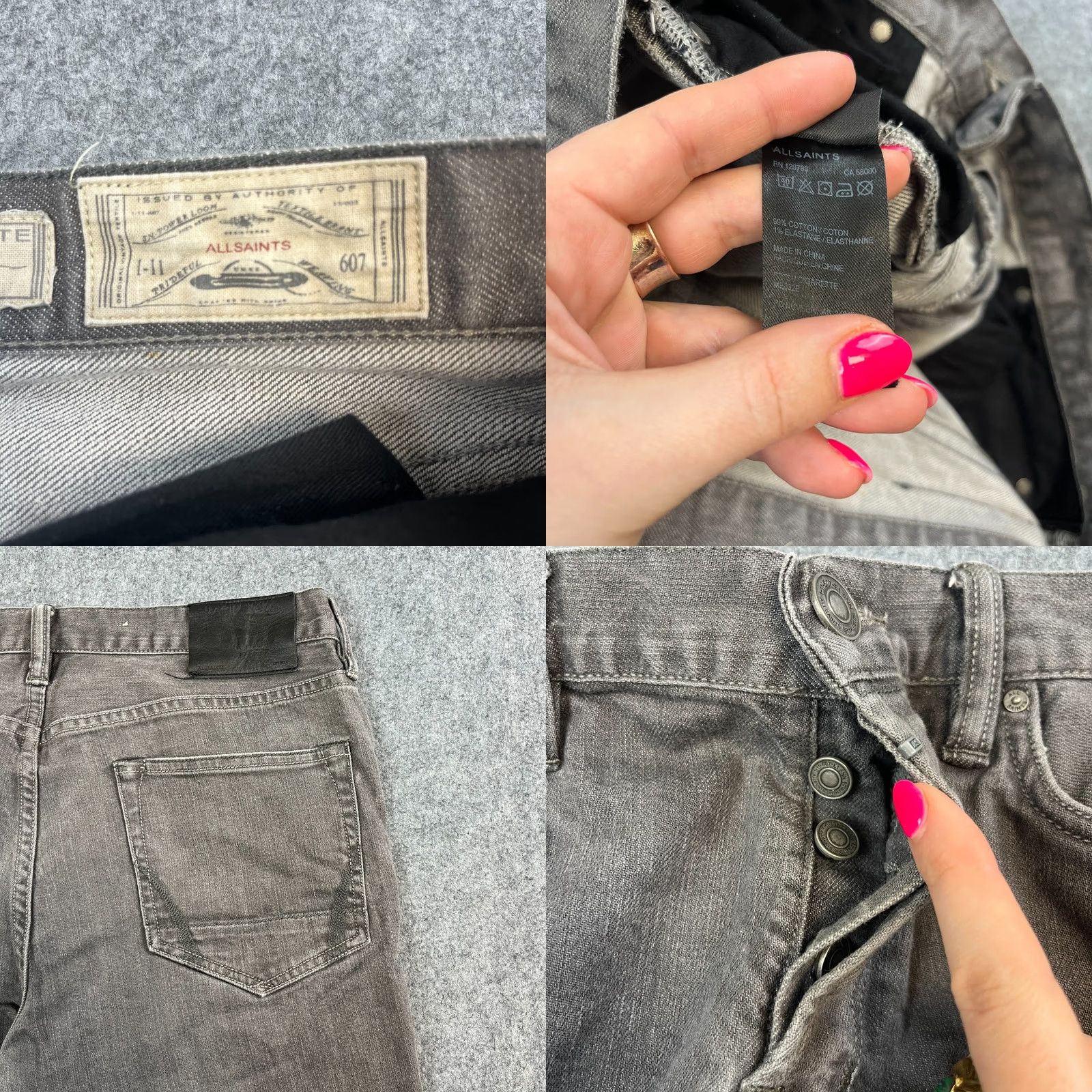 Allsaints AllSaints Jeans Slim Skinny 33 32 Medium Grey Cigarette Jeans Mens Slim Fit 5-Pocket Denim Cotton Elastane Regular Waist 33in Inside Leg 32in Grey Size US 33 - 8 Thumbnail