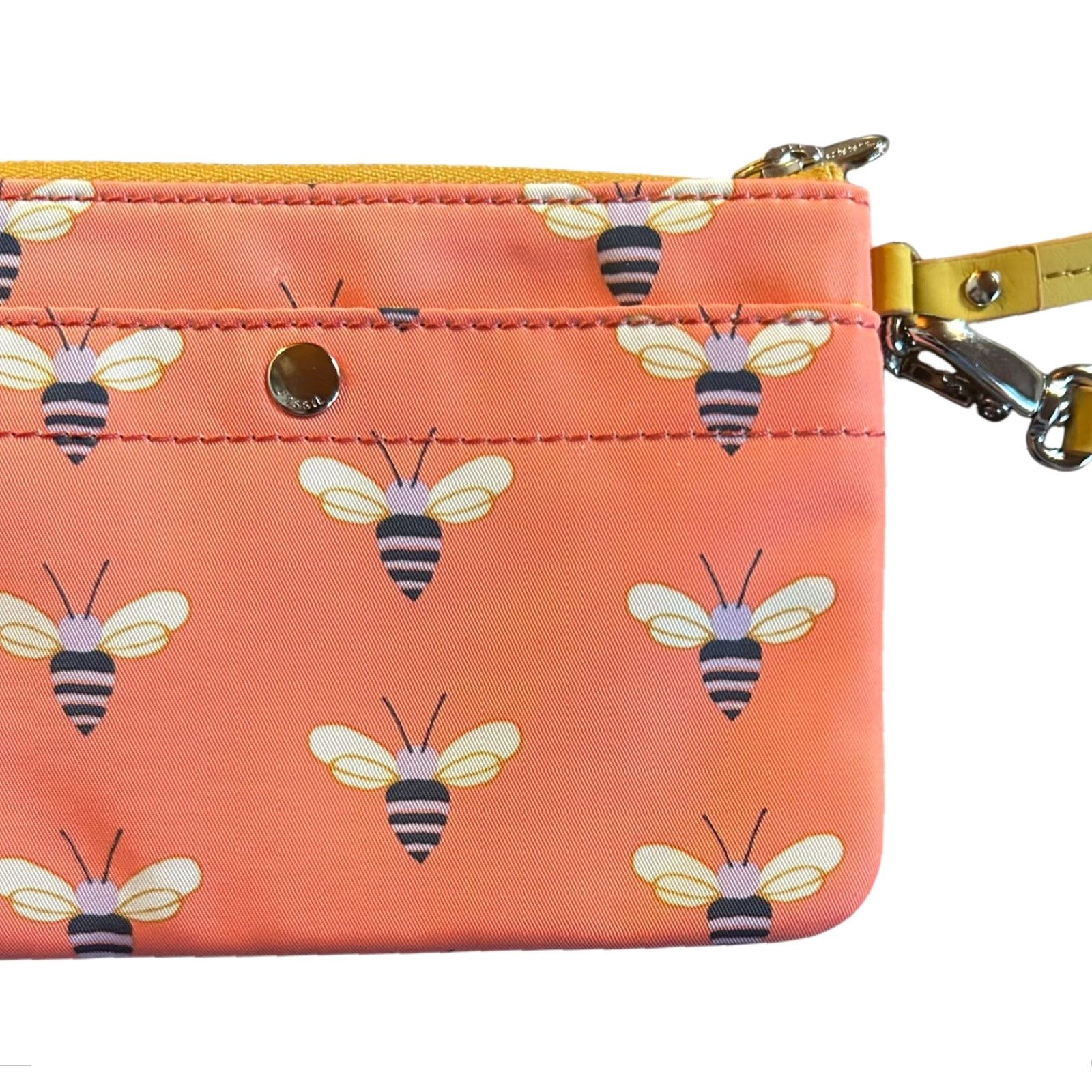 Fossil Fossil Wristlet Pink Purple Bumble Bees Print Zip Card Wallet Brown Strap Women Wristlet Size ONE SIZE - 3 Thumbnail