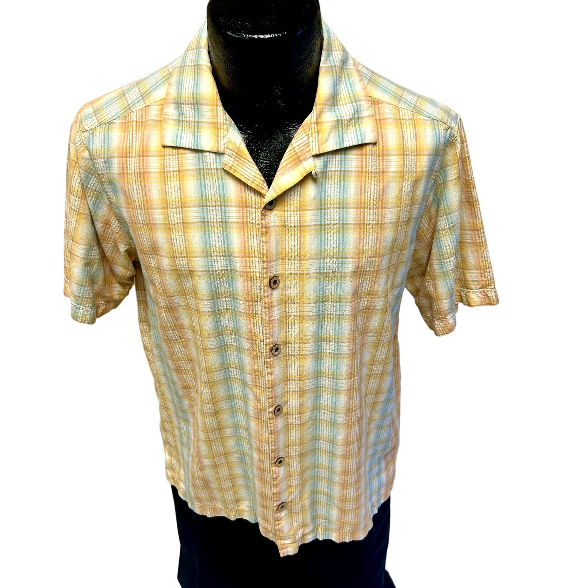 Tommy Bahama Blue SHADOW PLAID Hawaiian LOOP Collar Shirt S