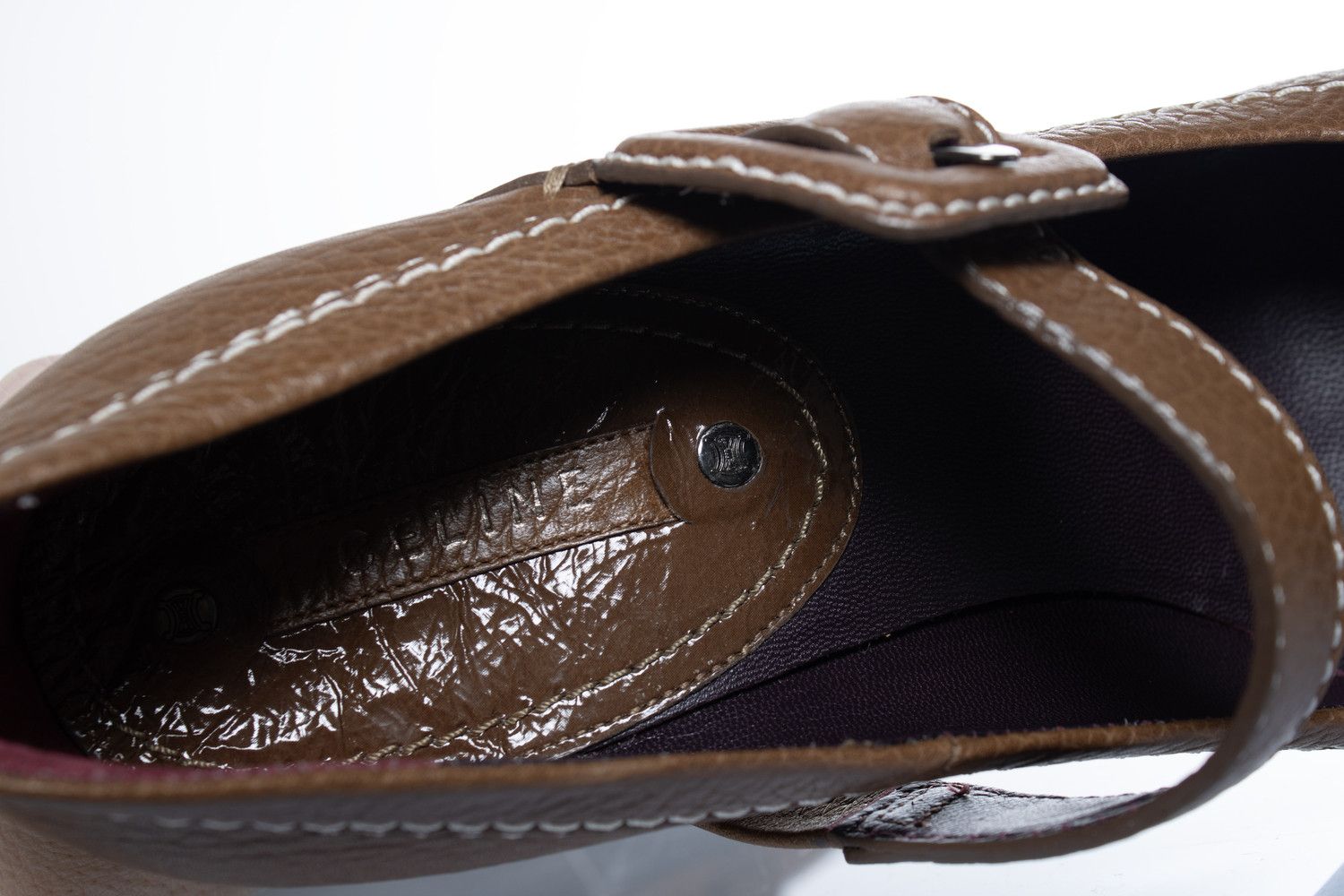 Celine Celine, Leather platform pump with strap in brown Size US 7 / IT 37 - 8 Thumbnail