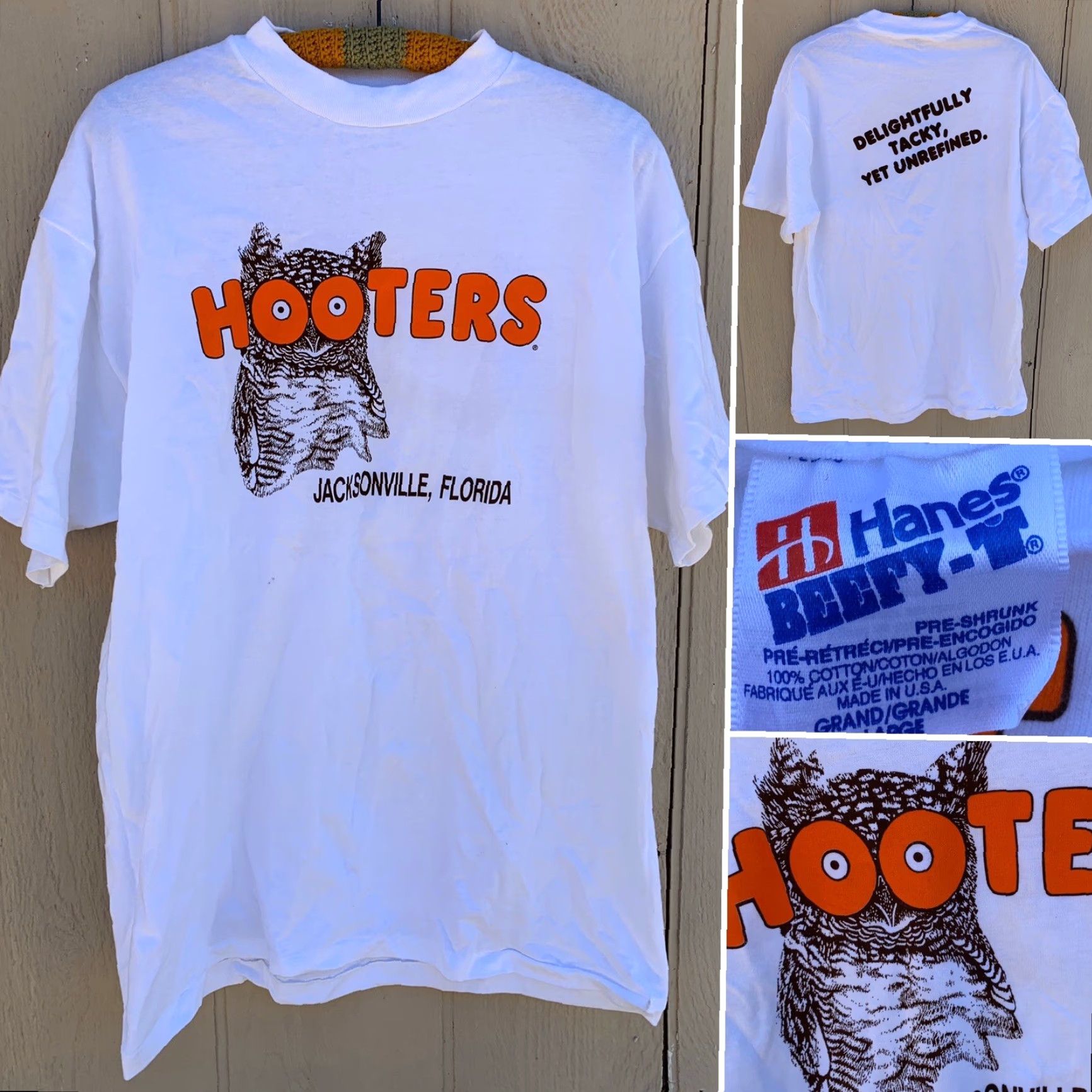 Hanes Vintage HOOTERS Jacksonville Florida T Shirt Delightfully Tacky Yet Unrefined L Mens White 1990s Graphic Tee Size US L / EU 52-54 / 3 - 2 Thumbnail