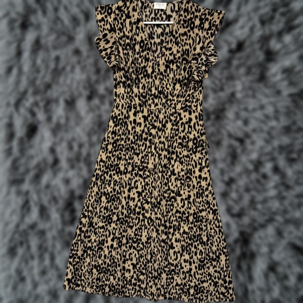 Vintage Sienna Sky Dress Medium Brown Leopard Fit & Flare Midi Flutter Sleeve Boho Shirt Size M / US 6-8 / IT 42-44 - 1 Thumbnail