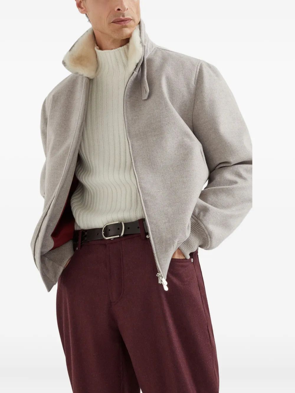 Brunello Cucinelli o1w1db10326 Cashmere Bomber Jacket in Light Grey Size US L / EU 52-54 / 3 - 3 Thumbnail