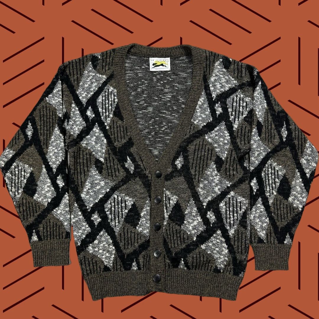 VINTAGE Le Tigre Grandpa Cardigan V-Neck Adult Medium Black Animal Print USA Made Mens