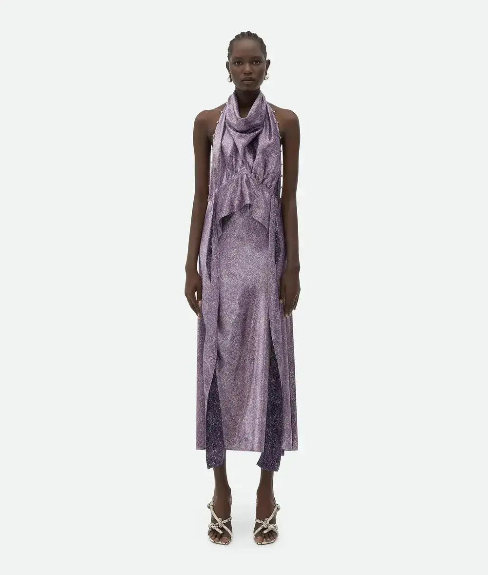Bottega Veneta o1n1vont1225 Beaded Cupro Midi Dress in Lilac Size XS / US 0-2 / IT 36-38 - 1 Thumbnail