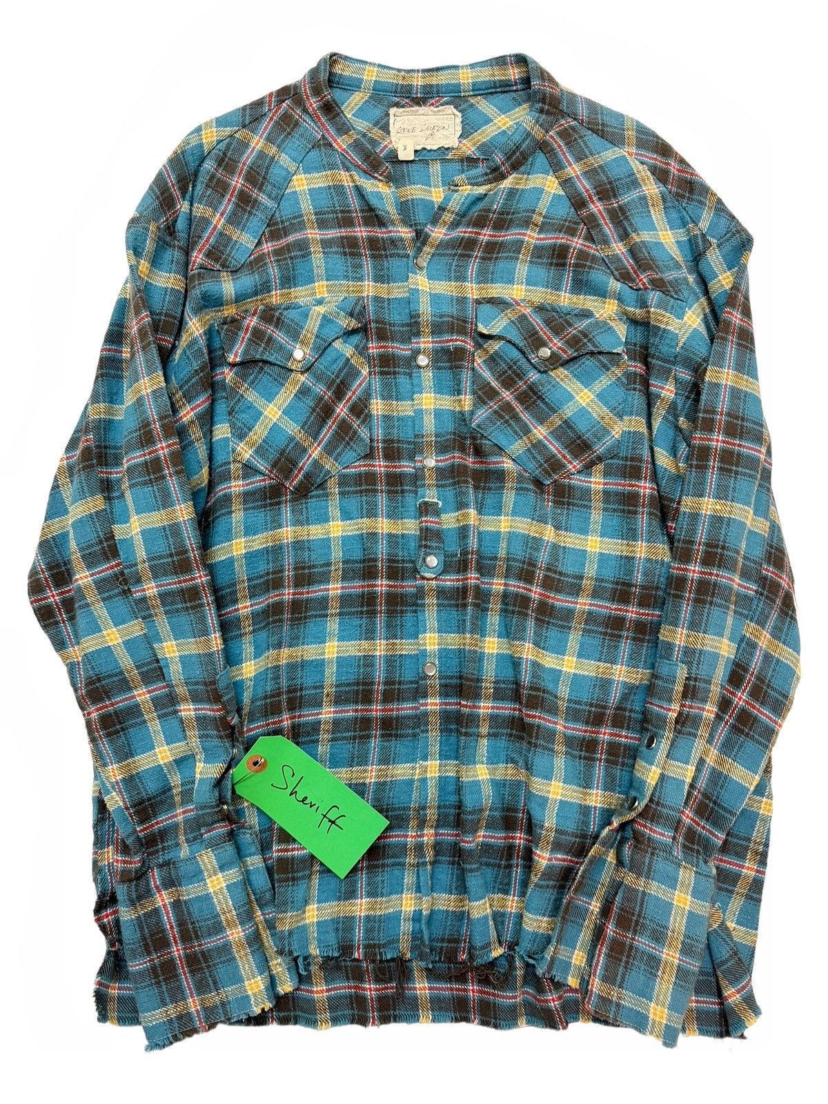 Image of Greg Lauren Sz3 Sample Sheriff Blue Yellow Flannel Shirt, Men's (Size Large)