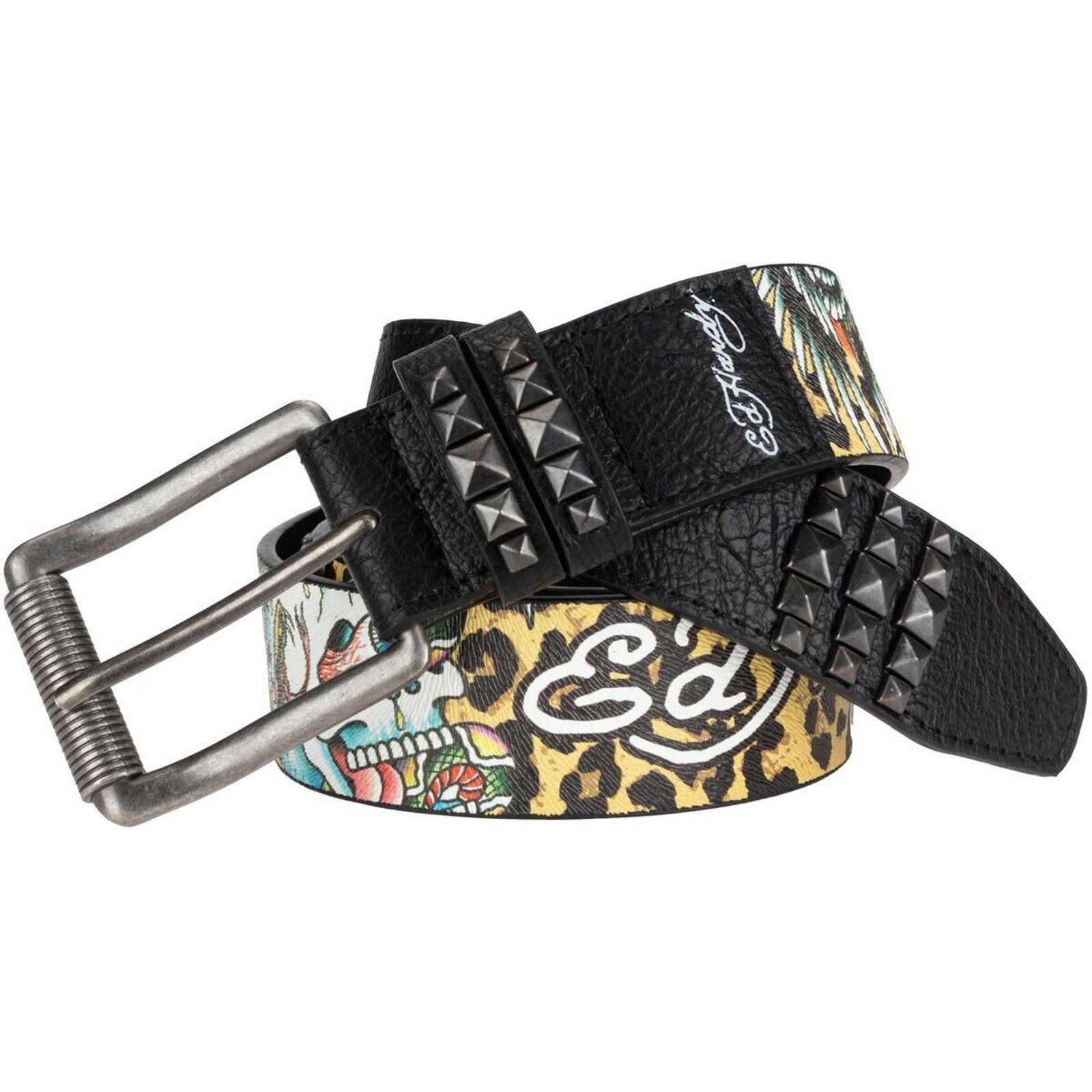 Ed Hardy Leopard Skull Print Belt With Pyramid Rivet Studs
