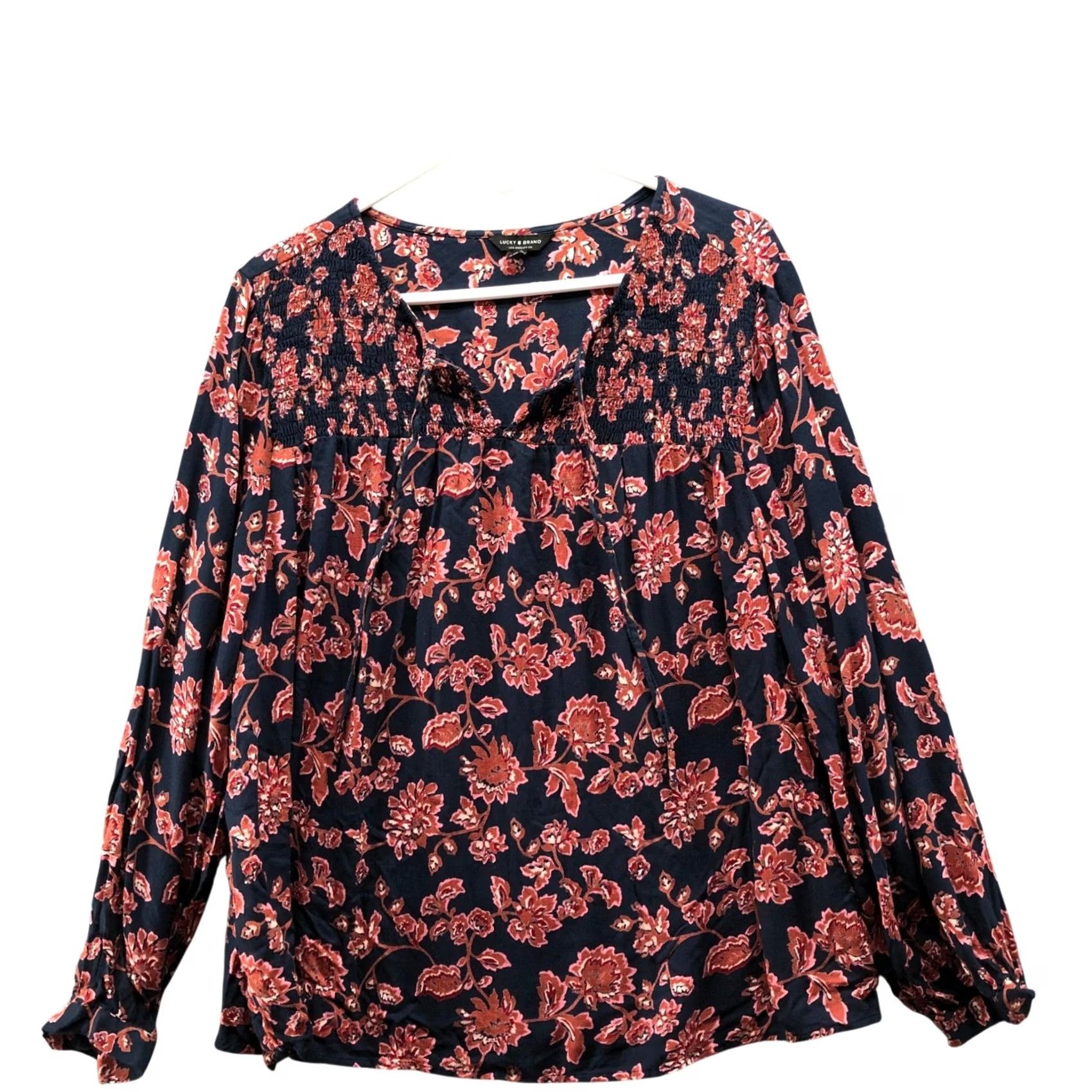Lucky Brand VINTAGE Lucky Brand Floral Smocked Blouse Womens 3X Navy Boho Peasant Long Sleeve Rayon Size XXL / US 16-18 / IT 52-54 - 2 Thumbnail