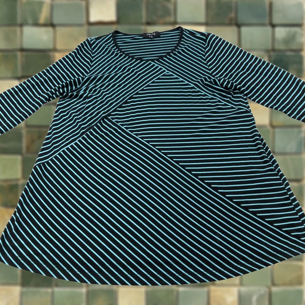 Vintage Comfy USA Shirt Womens Tunic Pullover Striped Black Blue Medium Size M Casual Distinctive Rounded Neck, Long Sleeve, Stretch Top Size M / US 6-8 / IT 42-44 - 1 Thumbnail