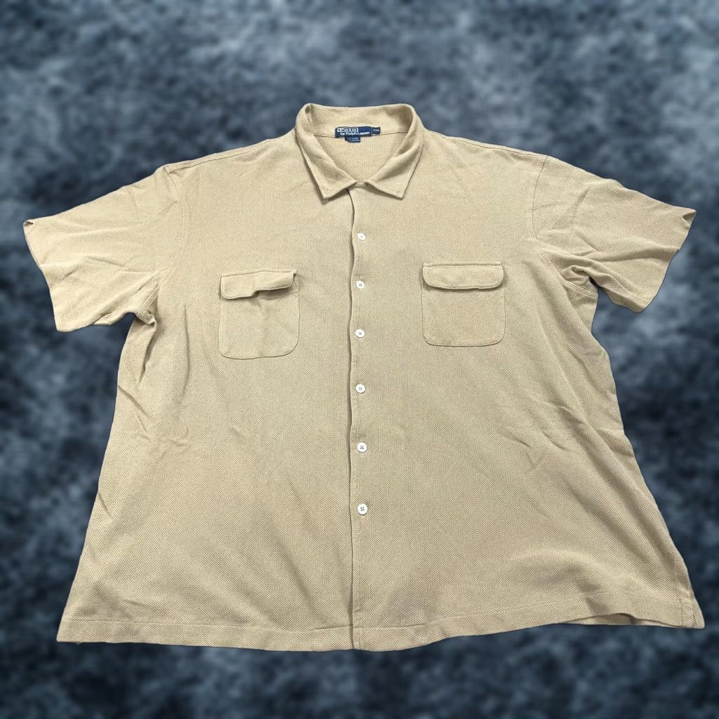 Polo Ralph Lauren VINTAGE Polo Ralph Lauren Shirt Mens 2XL Short Sleeve Button-Up Knit Pocket Chest Beige Cotton Knit Camp Textured Size US XXL / EU 58 / 5 - 1 Thumbnail