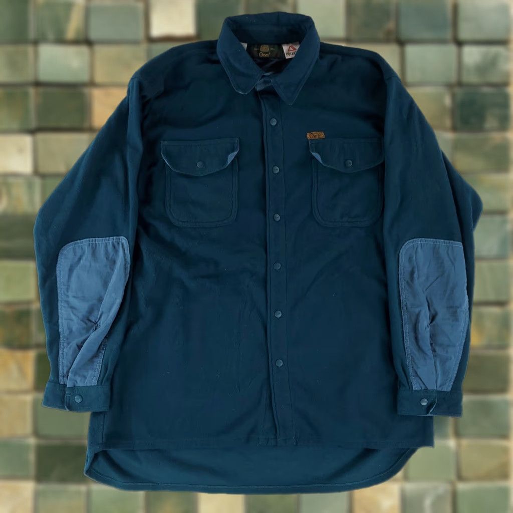 Orvis VINTAGE Orvis Polartec Button Up Snap Fleece Jacket Blue Green Elbow Patches Mens L Size US L / EU 52-54 / 3 - 1 Thumbnail