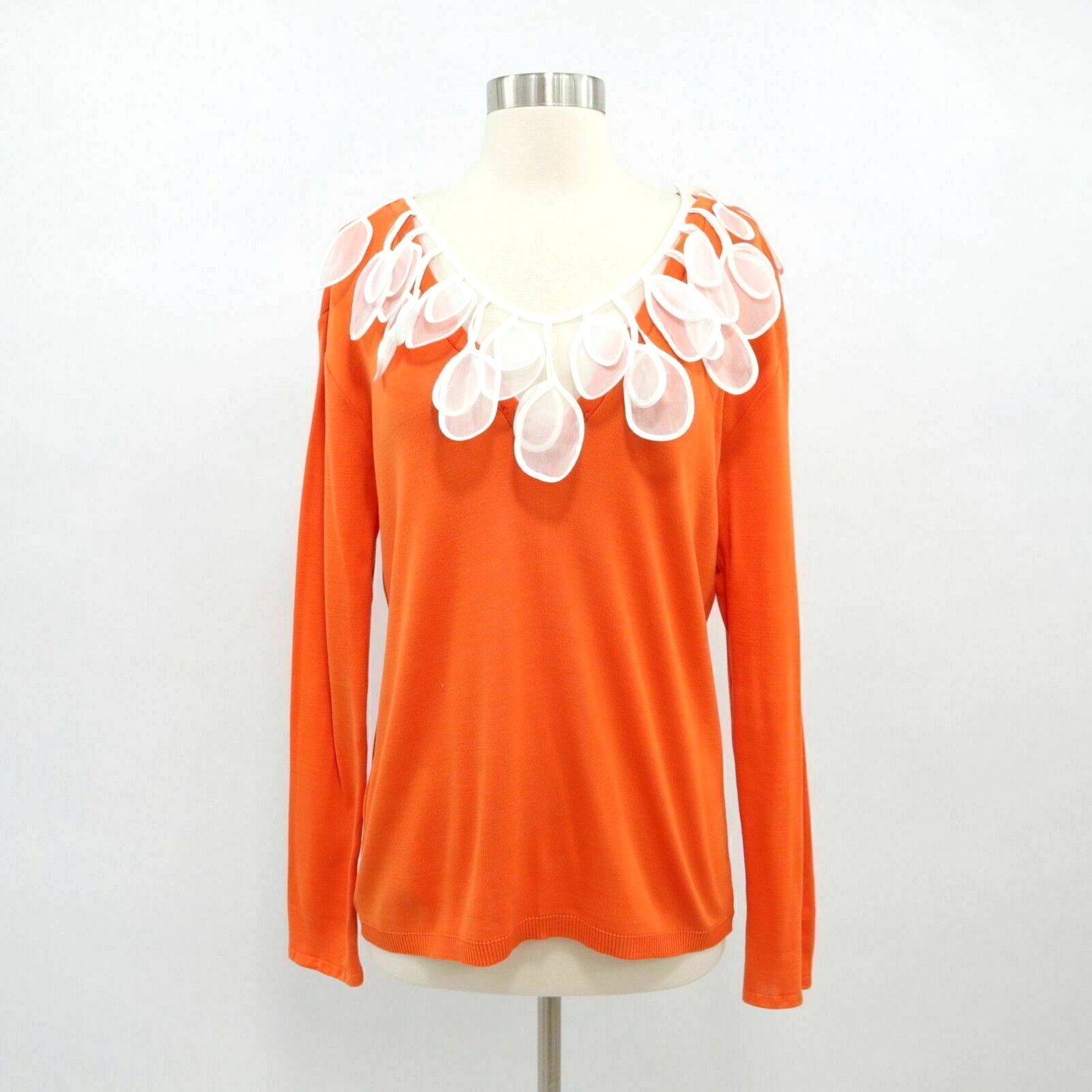 image of Vintage Anne Fontaine Pullover Sweater Womens Us10 F42 Orange White Water Drop Collar (Size Large)