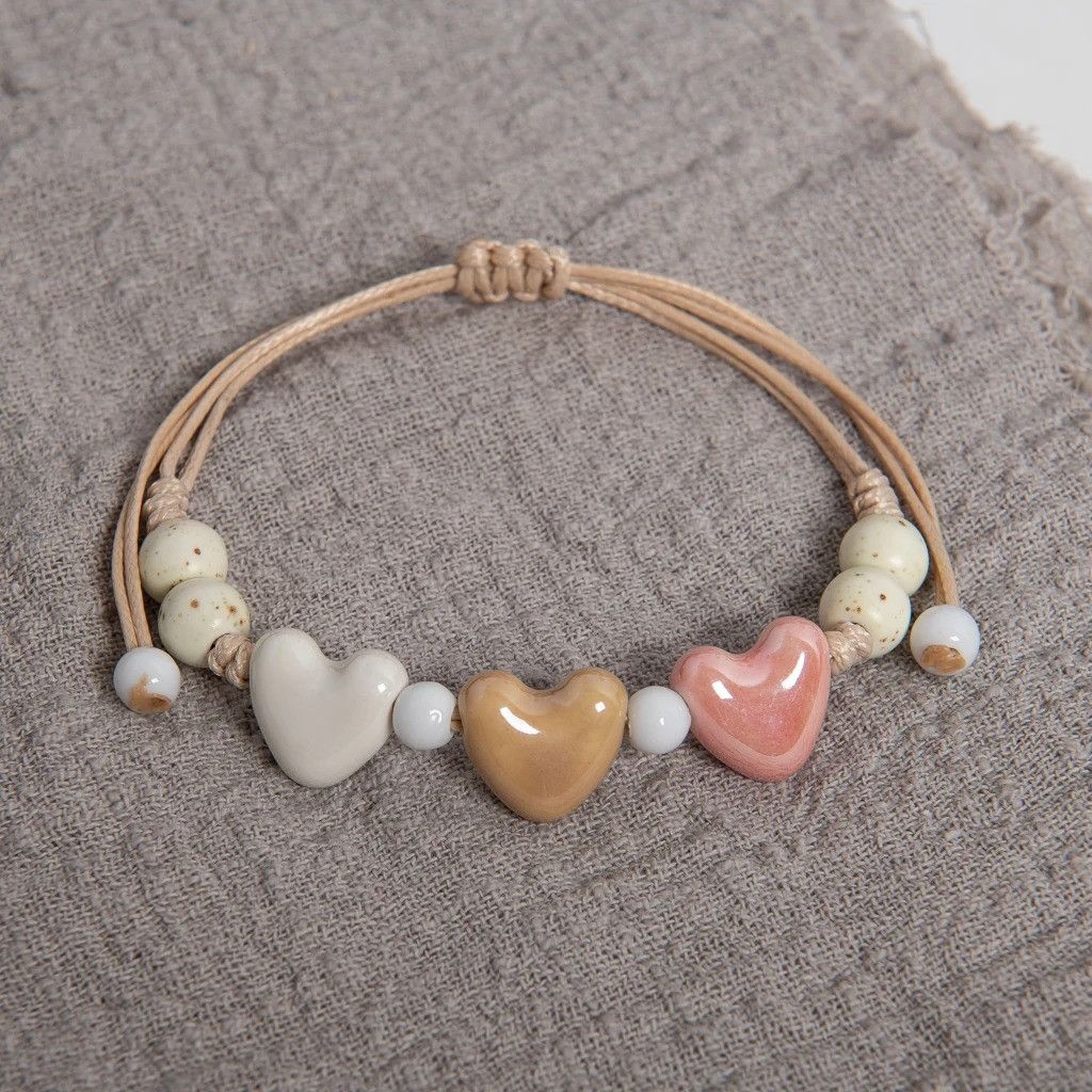 Handmade Triple Heart Ceramic Bracelet Handmade Jewelry Gift For Her Size ONE SIZE - 4 Thumbnail