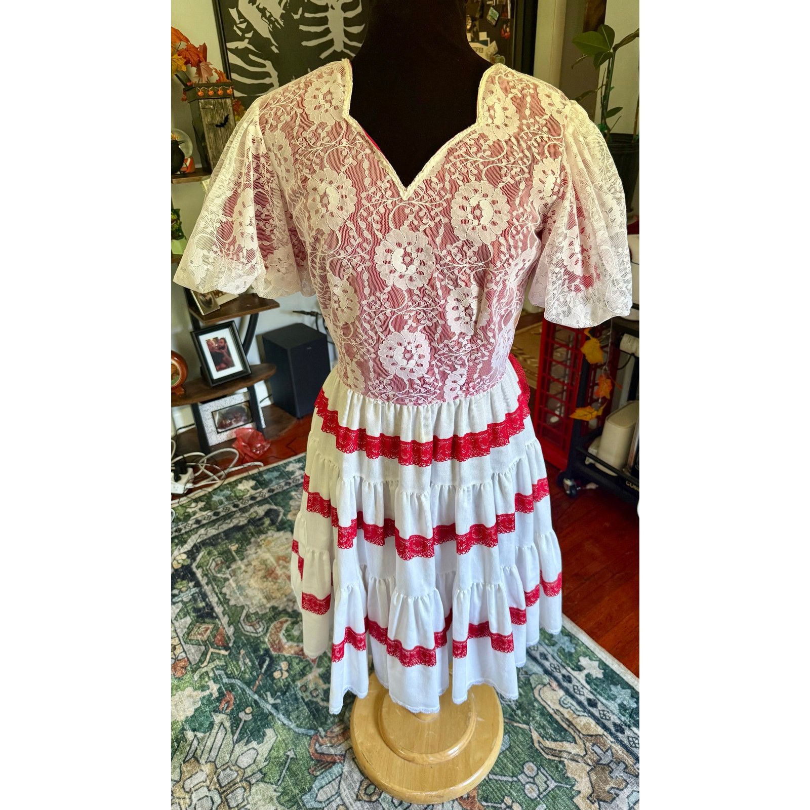 Vintage Vtg Kate Shorer White Red Lace Square Dancing Dress Medium Size M / US 6-8 / IT 42-44 - 1 Thumbnail