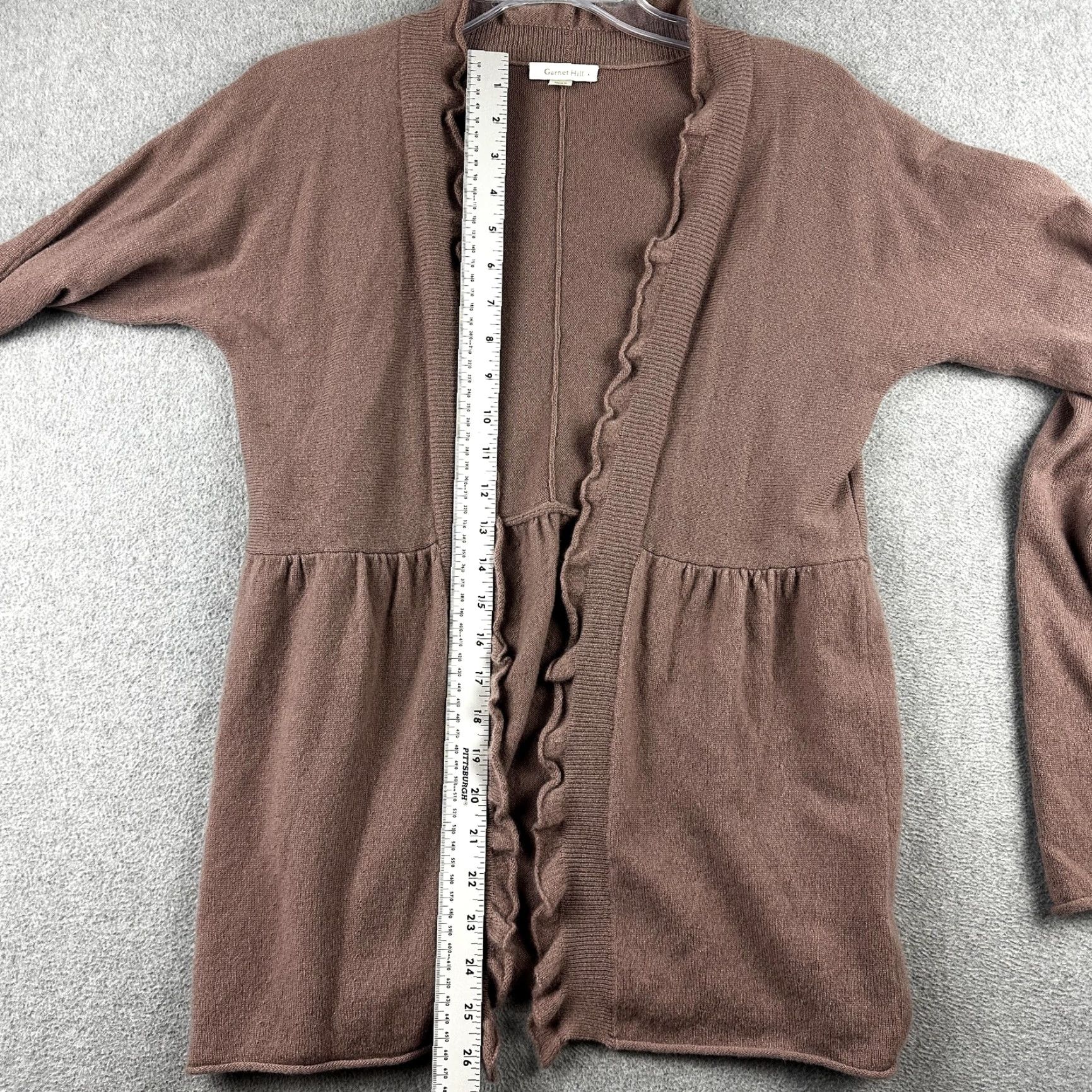 Vintage Garnet Hill Cardigan Sweater Womens Medium Brown 100% Cashmere Open Front Ruffle Knit Slim Long Sleeve Size M / US 6-8 / IT 42-44 - 5 Thumbnail