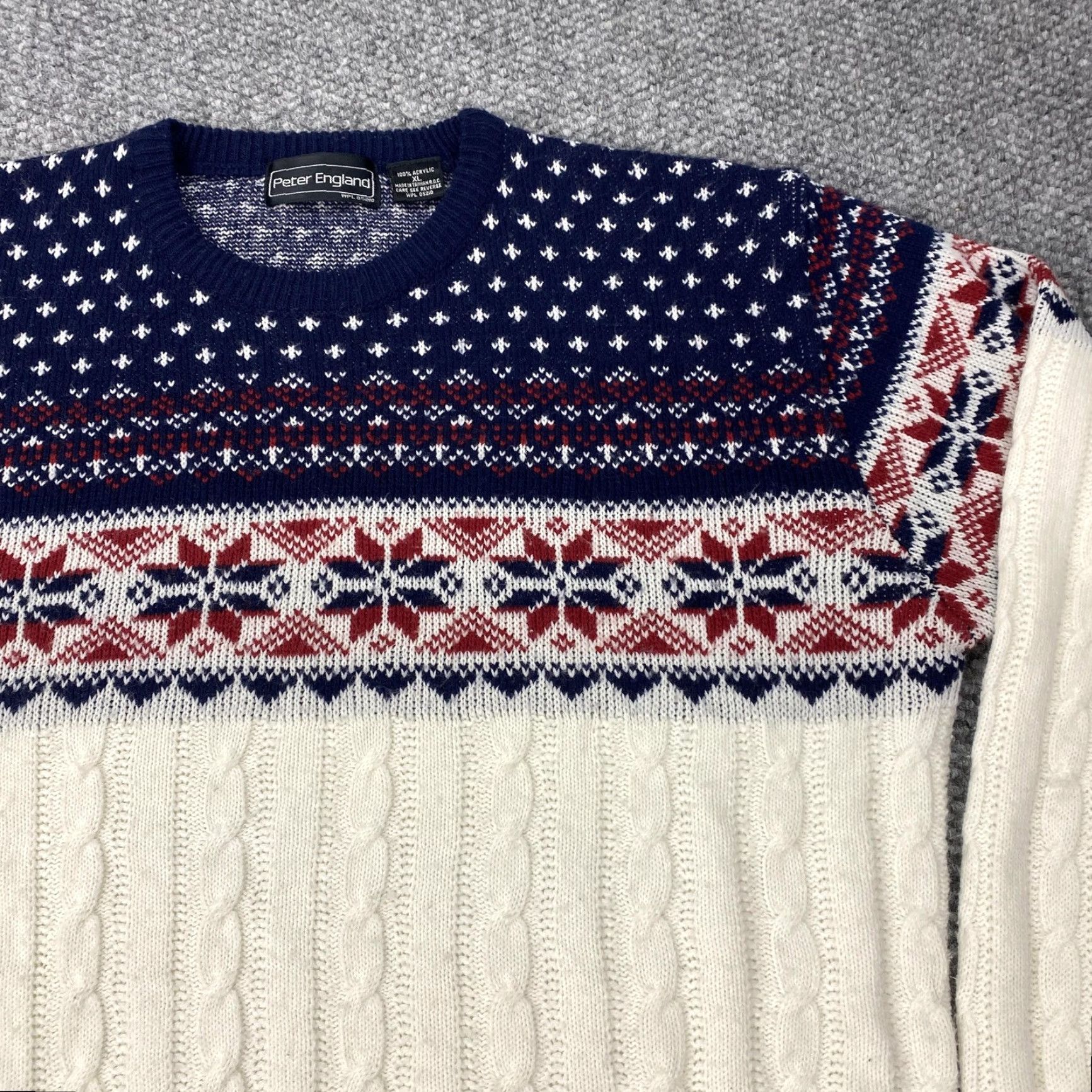 Vintage VINTAGE Peter England Sweater Mens XL Ivory Fair Isle Cable Knit 90s Pullover Crew Neck Men XL Knitted Jumper Size US XL / EU 56 / 4 - 6 Thumbnail