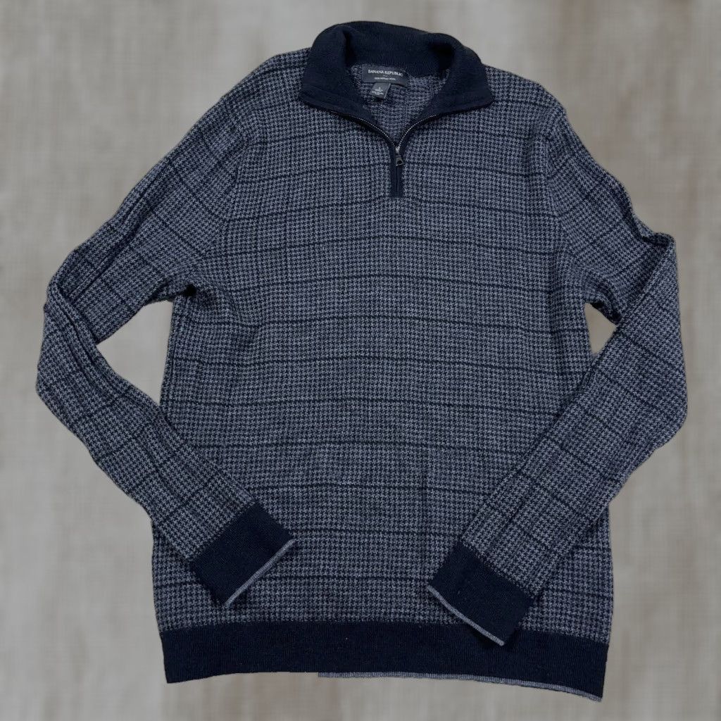 Banana Republic Banana Republic Sweater Men L Black Merino Wool Pullover Houndstooth 1/4 Zip Mock Neck Casual Workwear Knit Pattern: Solid, Preppy, Modern Mens Size US L / EU 52-54 / 3 - 1 Thumbnail