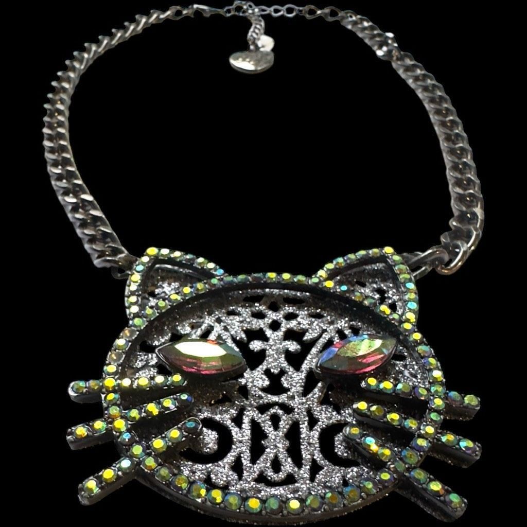Betsey Johnson BETSY JOHNSON Jewelry Dark Magic Green Blue Eye Black Cat Rhinestone Glitter Sparkly Necklace Size ONE SIZE - 6 Thumbnail