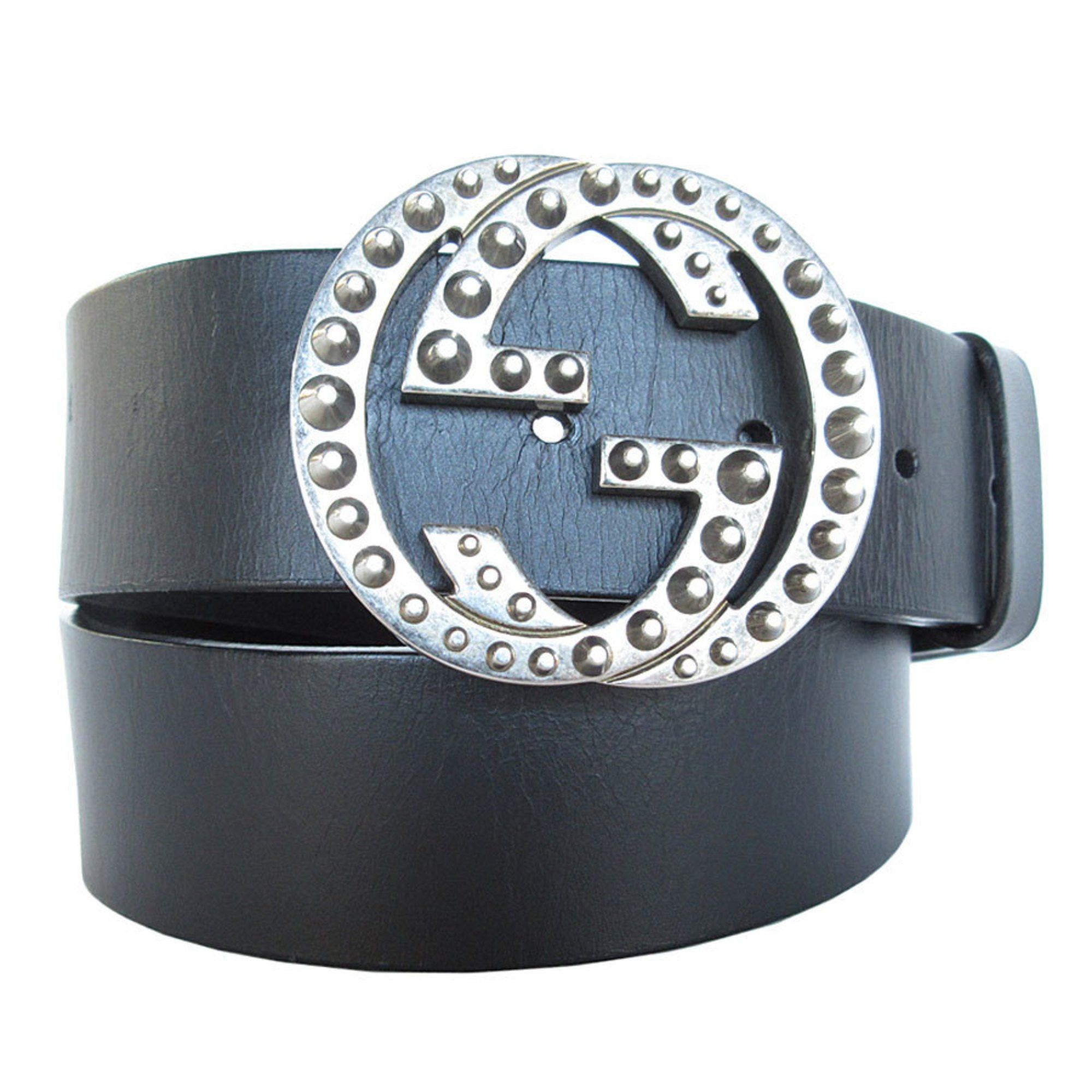 GUCCI Belt Interlocking G Leather Metal Black Silver Men's s0525a