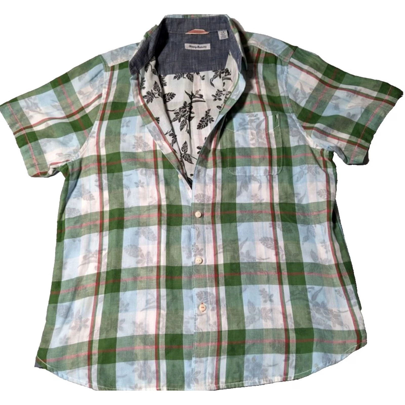 Tommy Bahama TOMMY BAHAMA Men L Button-Up Shirt Plaid Green Blue Floral Lined Cotton Short Sleeve Casual Travel Size US L / EU 52-54 / 3 - 2 Thumbnail