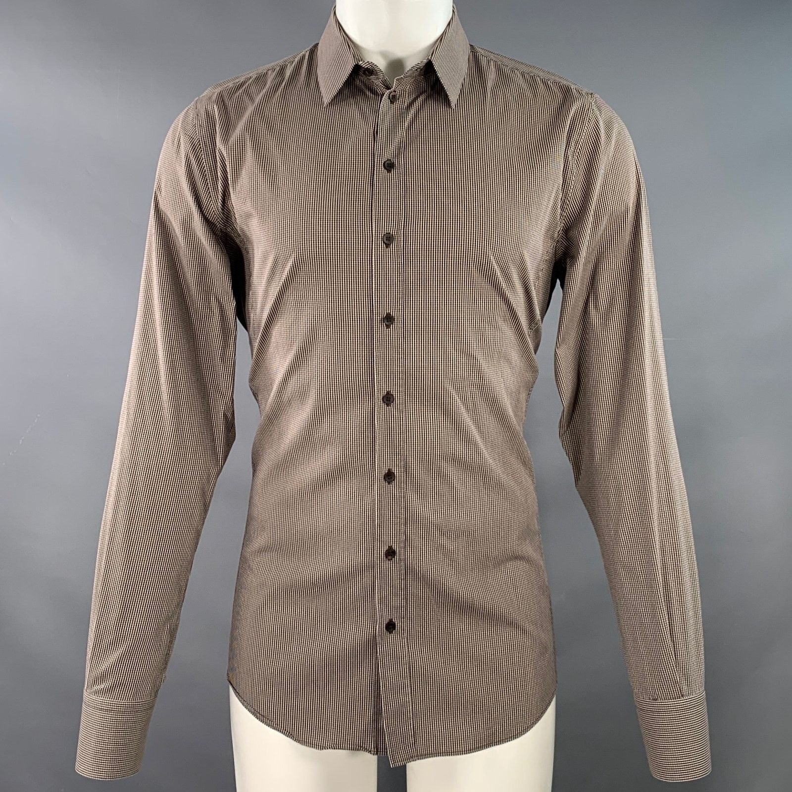 Dolce & Gabbana Brown White Gingham Cotton Spread Collar Long Sleeve Shirt Size US L / EU 52-54 / 3 - 1 Thumbnail