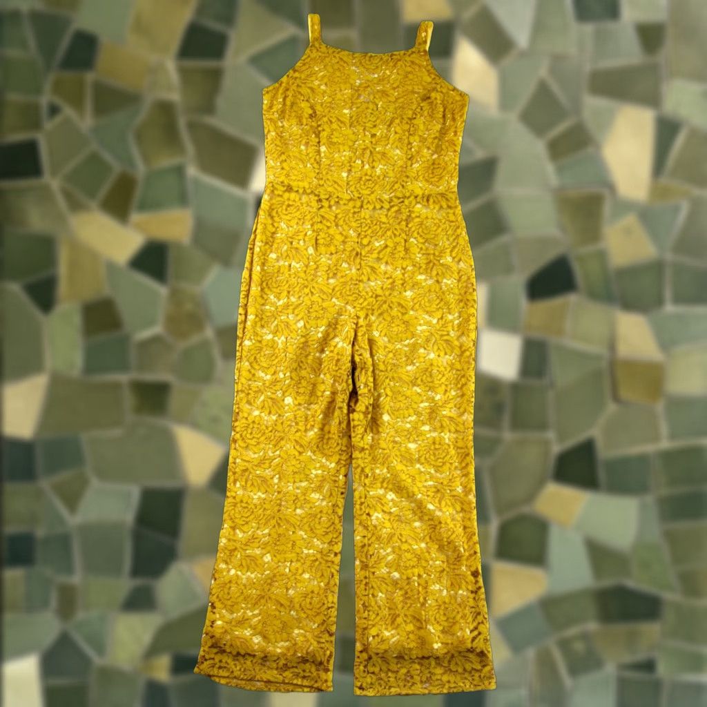 Vintage Ashley Stewart Jumpsuit Women 16 Yellow Wide-Leg NWT Embroidered Floral Nylon Cotton Rayon One-Piece Sleeveless Summer Bohemian Womens Size 38" / US 16 / IT 52 - 1 Thumbnail