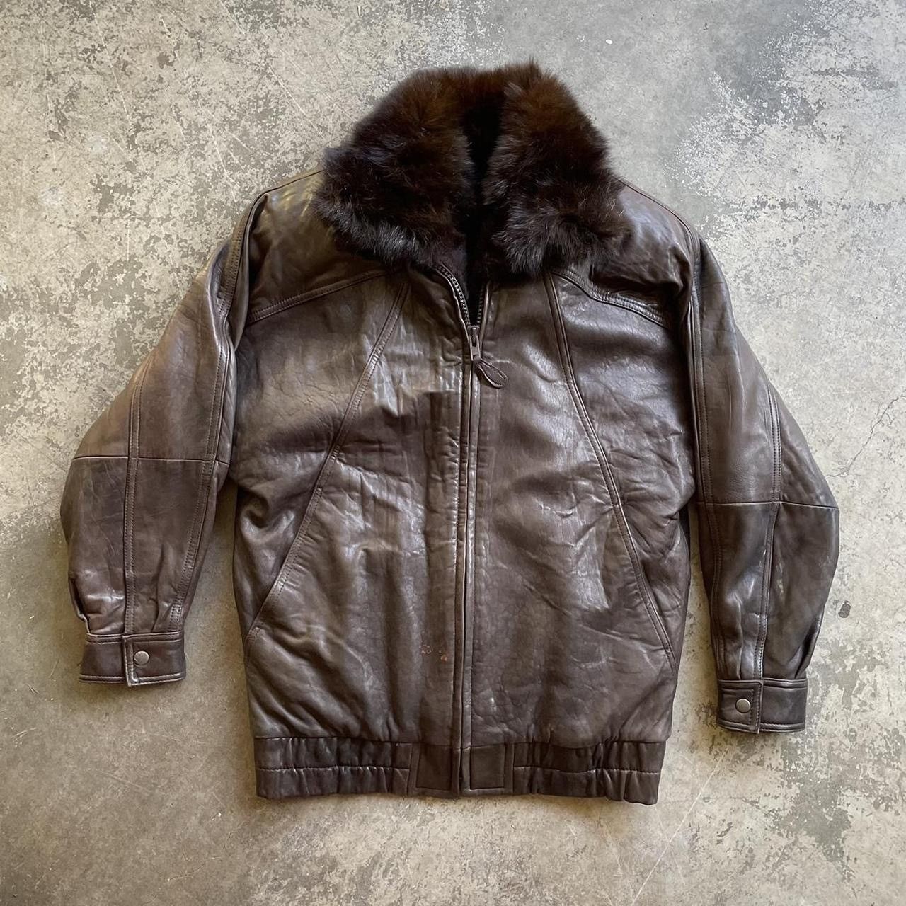 image of Coolest Andrew Marc Leather Jacket With Opposing Fur in Brown, Men's (Size Small)