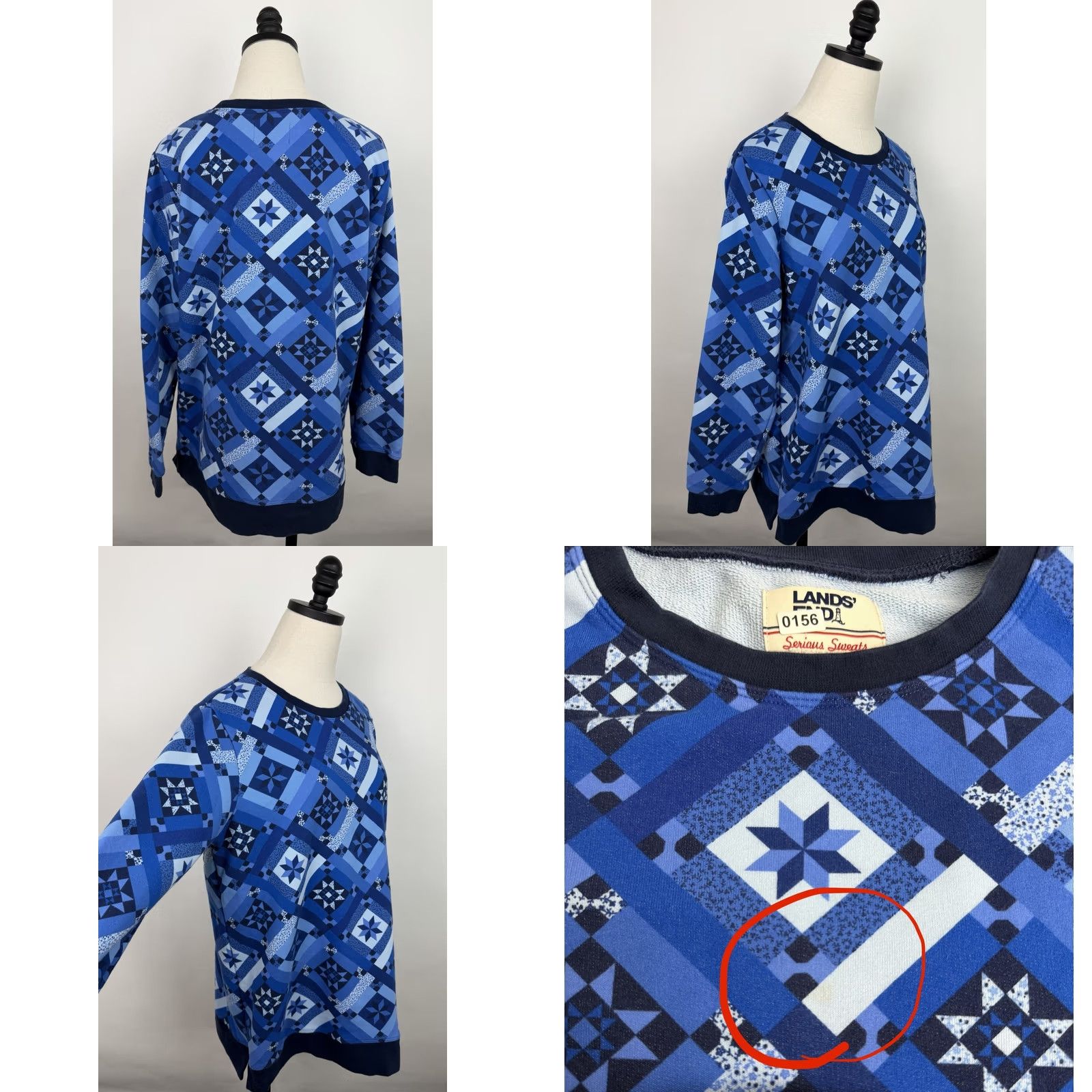 Lands' End Lands' End Sweatshirt Womens Large Blue Patchwork Pullover Knit Crew Neck Bohemian Quilt Print Casual Size L / US 10 / IT 46 - 8 Thumbnail